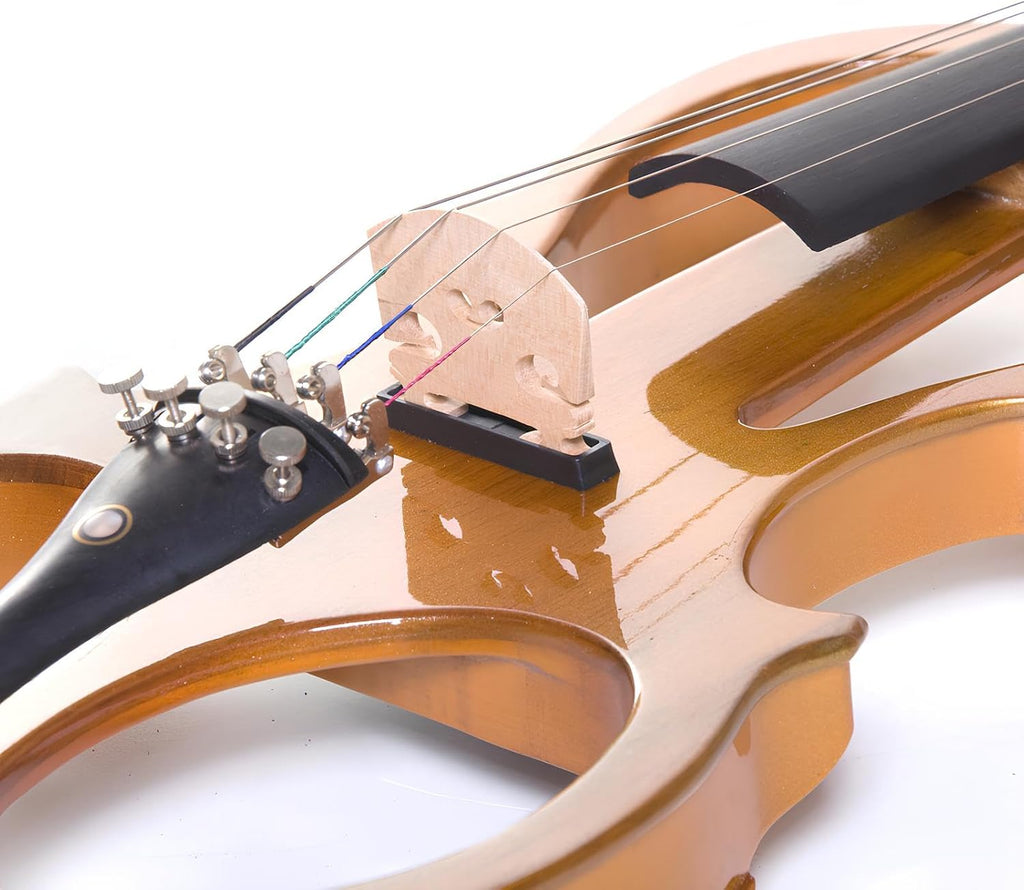 Cecilio 4/4 Full Size Electric Silent Violin, Hand-Carved Solid Maple Wood, Complete Set with Case & Ebony Fittings, Ideal for Practice, Stage & Studio Use, Yellow Maple Metallic