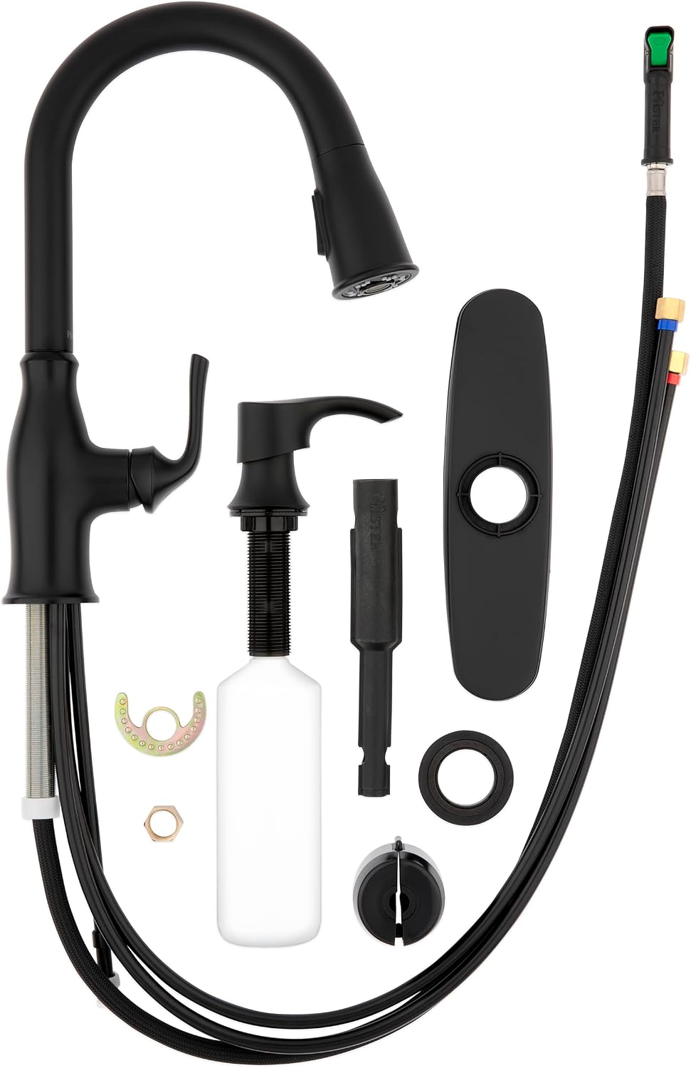 Pfister Rosslyn Kitchen Faucet with Pull Down Sprayer and Soap Dispenser, Single Handle, High Arc, NSF Certified, Matte Black Finish, F5297RSSRB