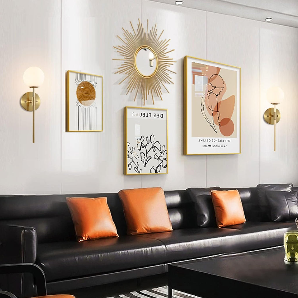 BYOLIIMA Gold Wall Sconce Set of 2 with White Globe Glass Shades Modern Mid Century Bathroom Vanity Wall Light Fixtures Industrial Brushed Brass Wall Lamp for Bedroom Mirror Living Room Restaurant