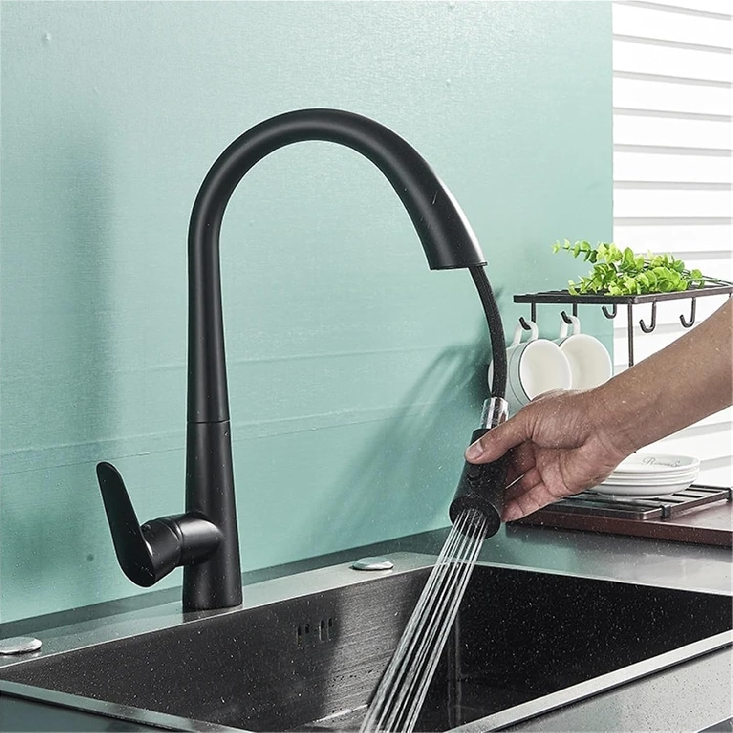 Kitchen Faucet Single Handle Pull Out Mixer Hot and Cold Water Taps Deck Mounted 360 Rotation Mixer Tap(Matte Black)
