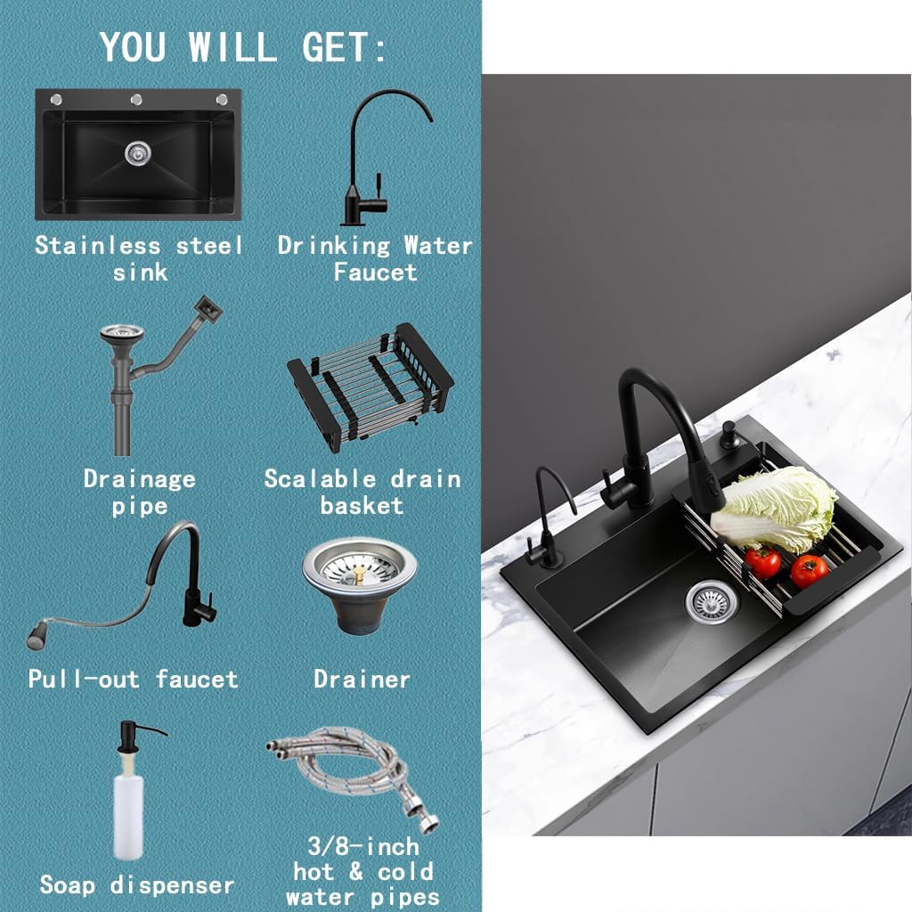 21.7 x 17.7 Inch Black Single Bowl Sink with faucet,Large Capacity Stainless Steel Drop In Kitchen Sink,Topmount Utility Workstation Sink With Multiple Accessories