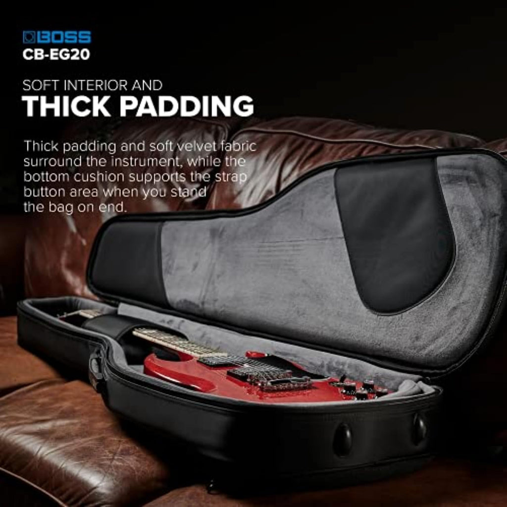 BOSS CB-EG20 – Premium Protection, Lightweight Semi-Rigid Guitar Gig Bag – Thick Internal Padding – Backpack Straps for Easy Transport – Accessories Pockets and Heavy-Duty Zippers
