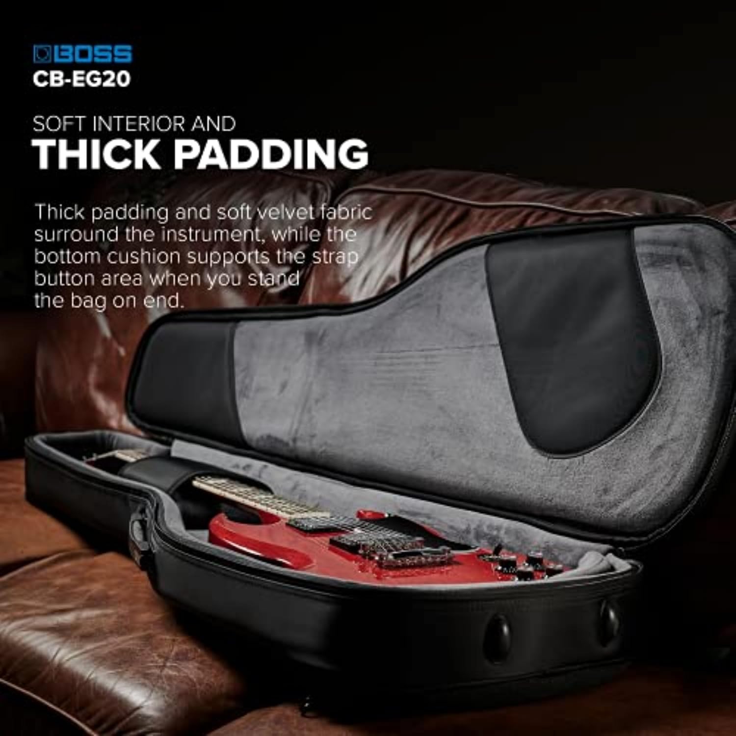 BOSS CB-EG20 – Premium Protection, Lightweight Semi-Rigid Guitar Gig Bag – Thick Internal Padding – Backpack Straps for Easy Transport – Accessories Pockets and Heavy-Duty Zippers