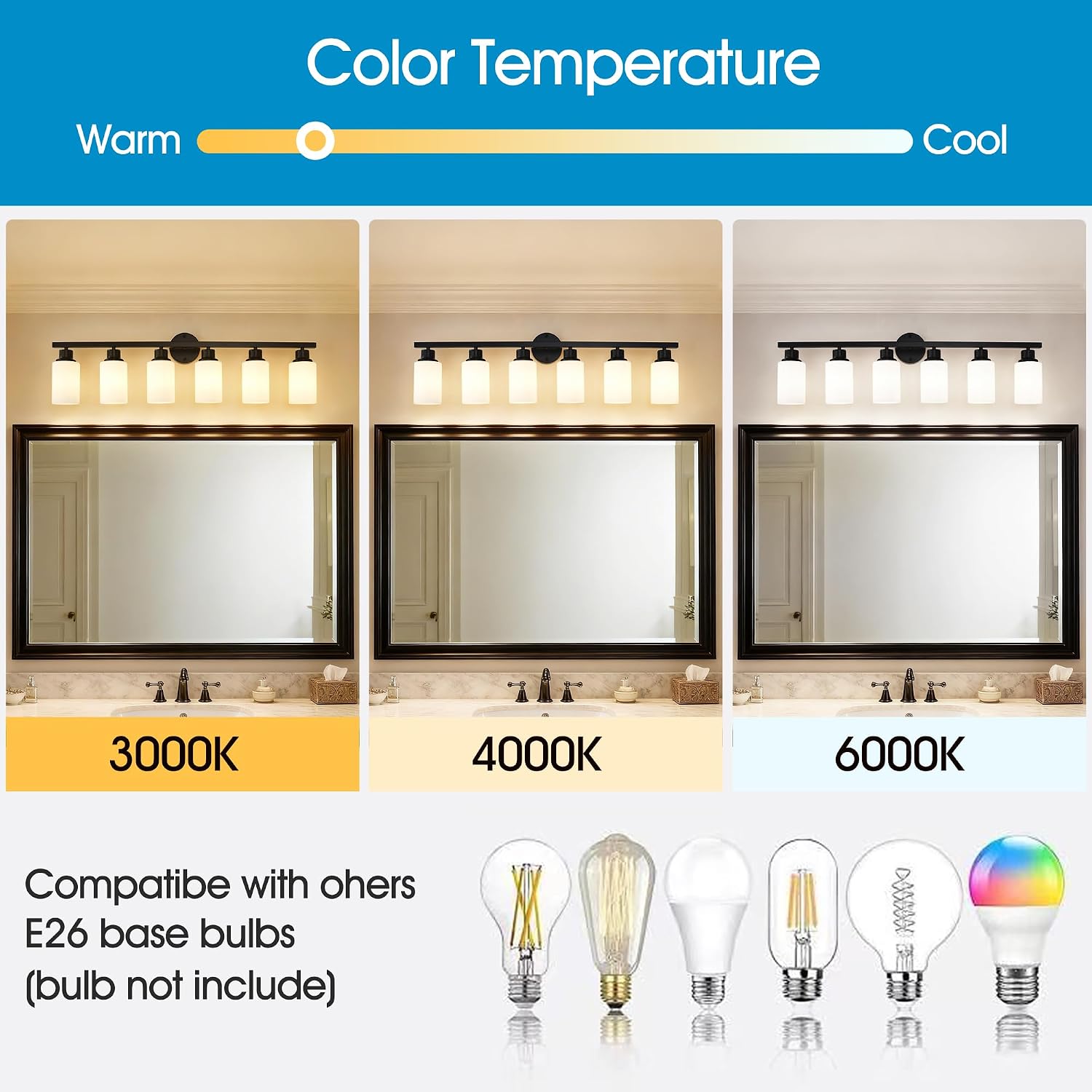 6-Light Matte Black Bathroom Vanity Light Modern Black Bathroom Light Fixtures Over Mirror Vintage Vanity Wall Sconce Light With White Glass Shade Wall Lamps For Living Room Bedroom Bulbs Not Included