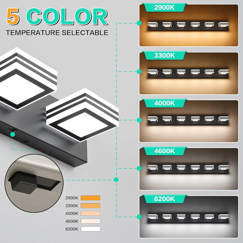 SOLFART Modern Black Vanity Lights Fixtures: 6 Lights Acrylic LED Matte Black Vanity Lights for Bathroom 39inch 5CCT