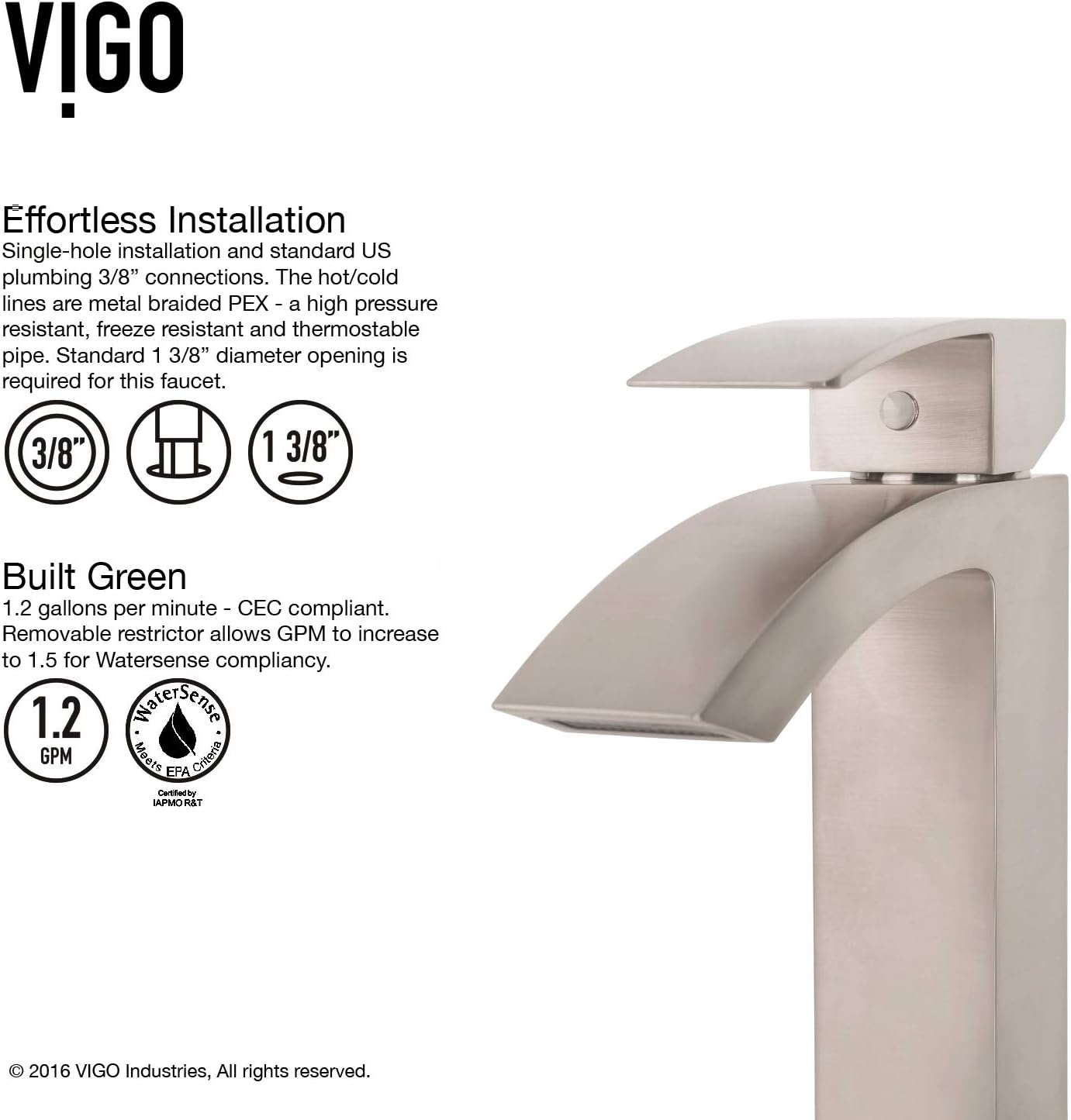 VIGO Duris Waterfall Single-Handle Single-Hole Mount Vessel Bathroom Sink Faucet, 12-Inch, Brushed Nickel, Modern Design, Solid Brass, 1.2 GPM WaterSense & Ceramic Disc Valve, Corrosion-Resistant