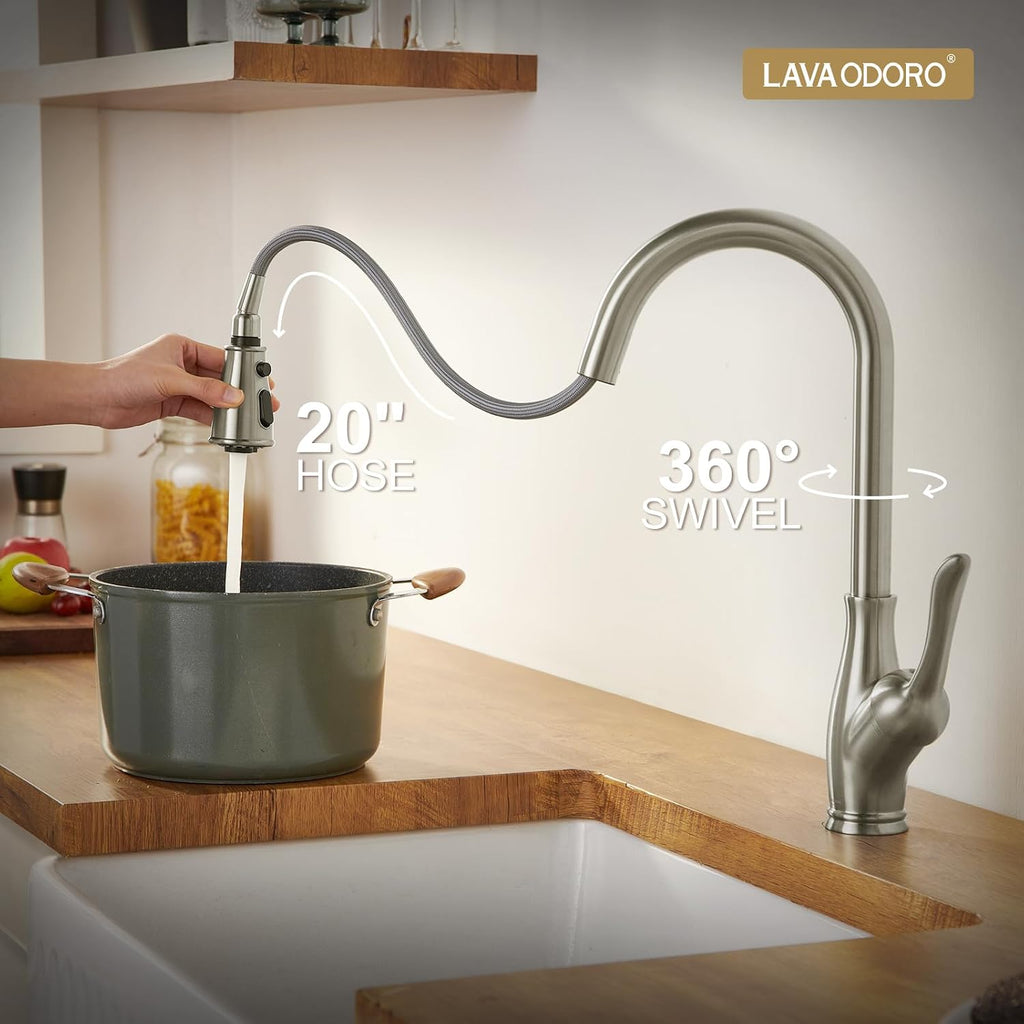 Lava Odoro Kitchen Faucet with Pull Down Sprayer, Brushed Nickel Kitchen Sink Faucet with Magnetic Docking Spray 3-Function, Brass Faucet for Kitchen Sink 1 Hole and 3 Hole with Deck Plate, KF271-BN