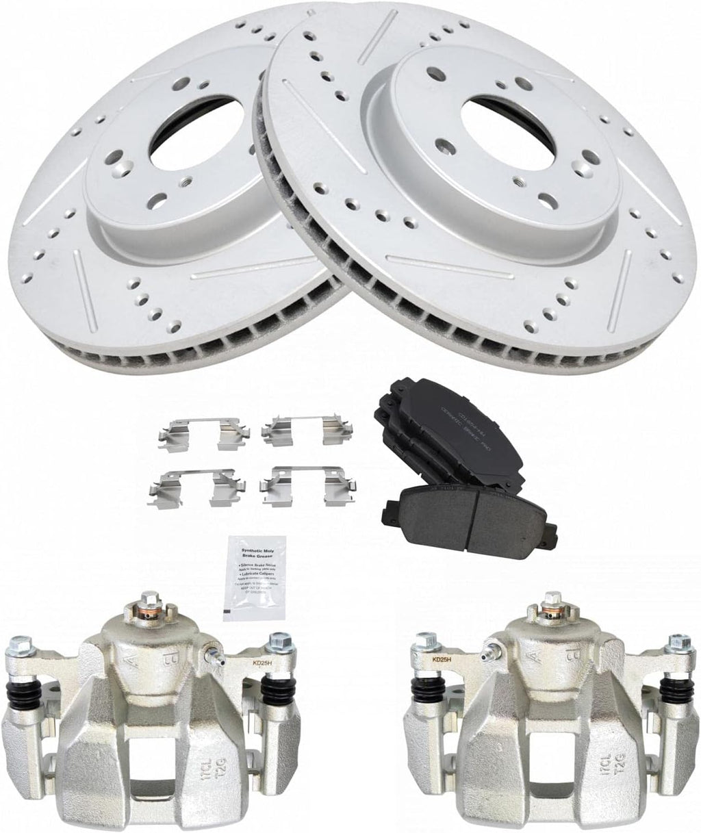 TRQ Performance Front Brake Pad and Rotor Set Ceramic Vented Coated Drilled Slotted Rotors Calipers Compatible with 2013-2022 Honda Accord 2016-2022 HR-V