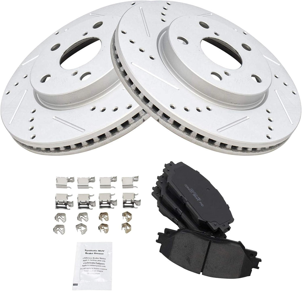 TRQ Performance Front Brake Pad and Rotor Set Ceramic Coated Drilled Slotted Vented Rotors Compatible with 2010-2012 Lexus HS250h 2008-2015 Scion xB 2012-2017 Toyota Prius V 2006-2018 Toyota RAV4