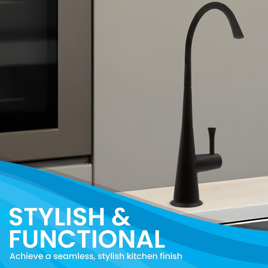 Metpure Airgap 3-Port Brass RO Faucet for Reverse Osmosis Drinking Water Systems. Features Pre-Installed Drain Tubes, Contemporary Design. Includes Wrench and Adapters. (Matte Black)