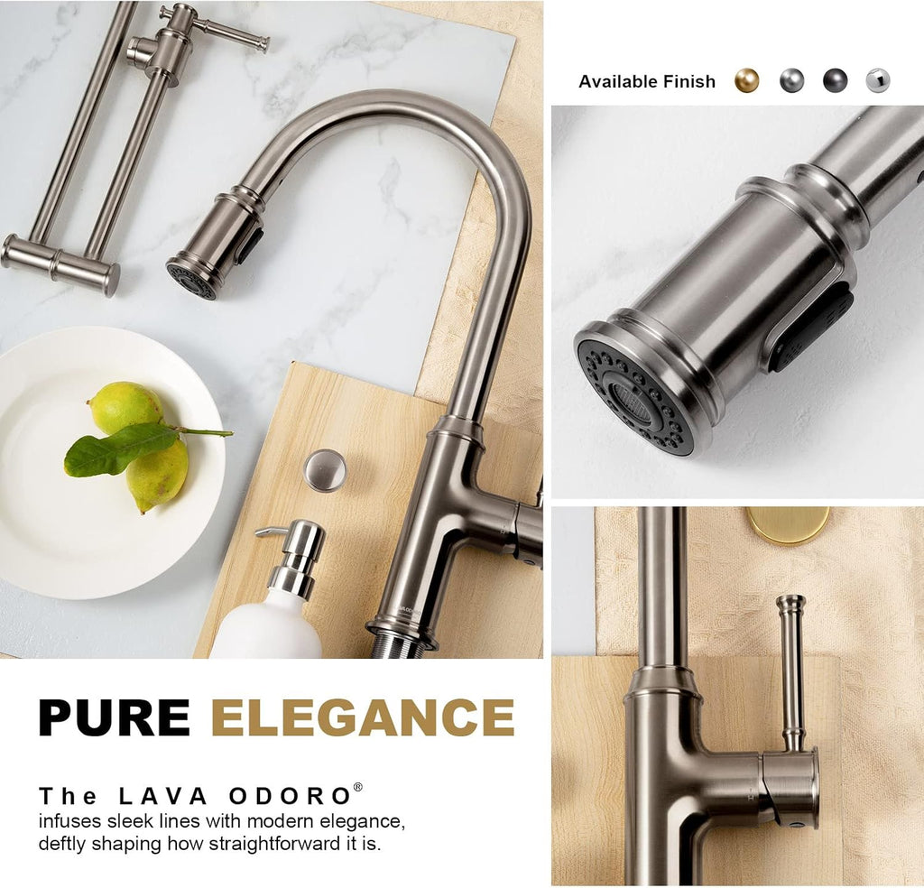 Lava Odoro Curtura Brushed Nickel Kitchen Faucet with Pull Down Sprayer, Brass Kitchen Sink Faucet Single Handle Pull-Down Kitchen Faucet for Sink 1 Hole and 3 Hole, Deck Plate Included, KF421-BN