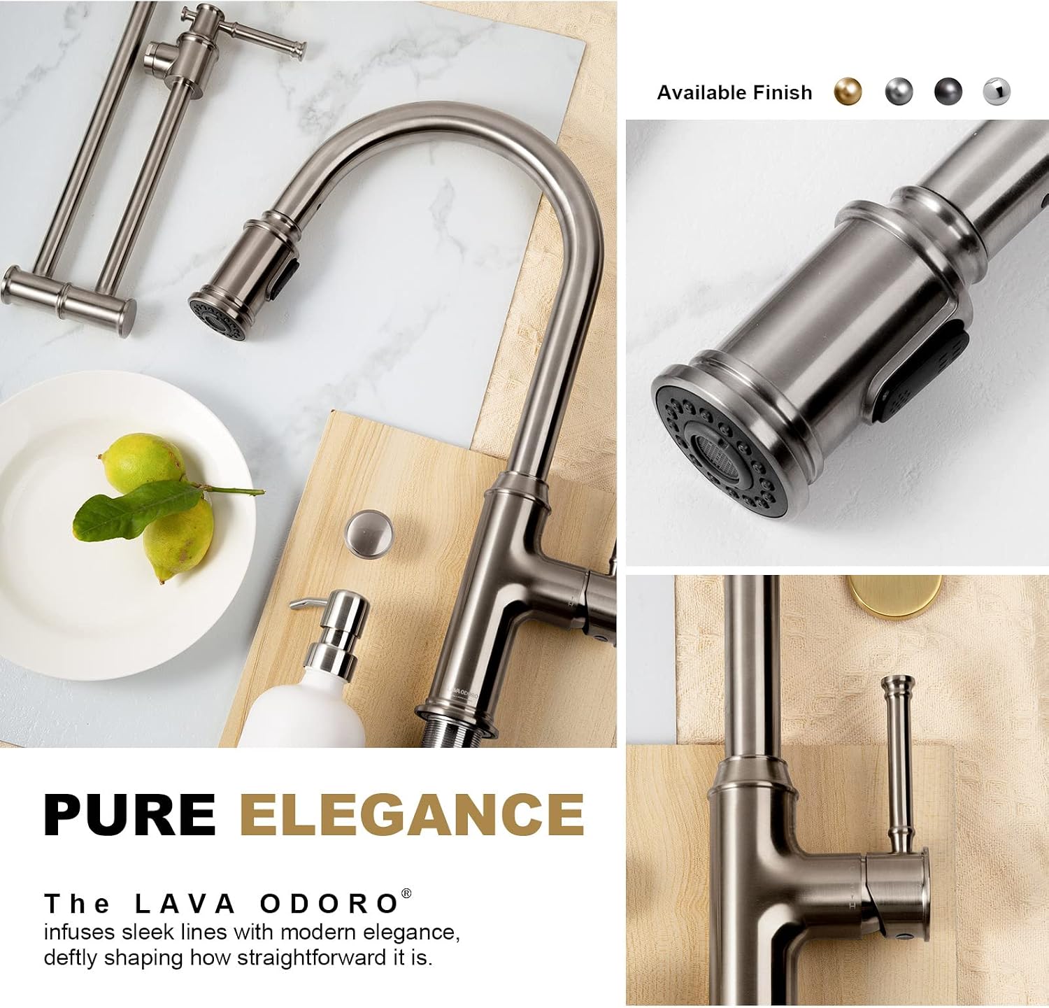 Lava Odoro Curtura Brushed Nickel Kitchen Faucet with Pull Down Sprayer, Brass Kitchen Sink Faucet Single Handle Pull-Down Kitchen Faucet for Sink 1 Hole and 3 Hole, Deck Plate Included, KF421-BN