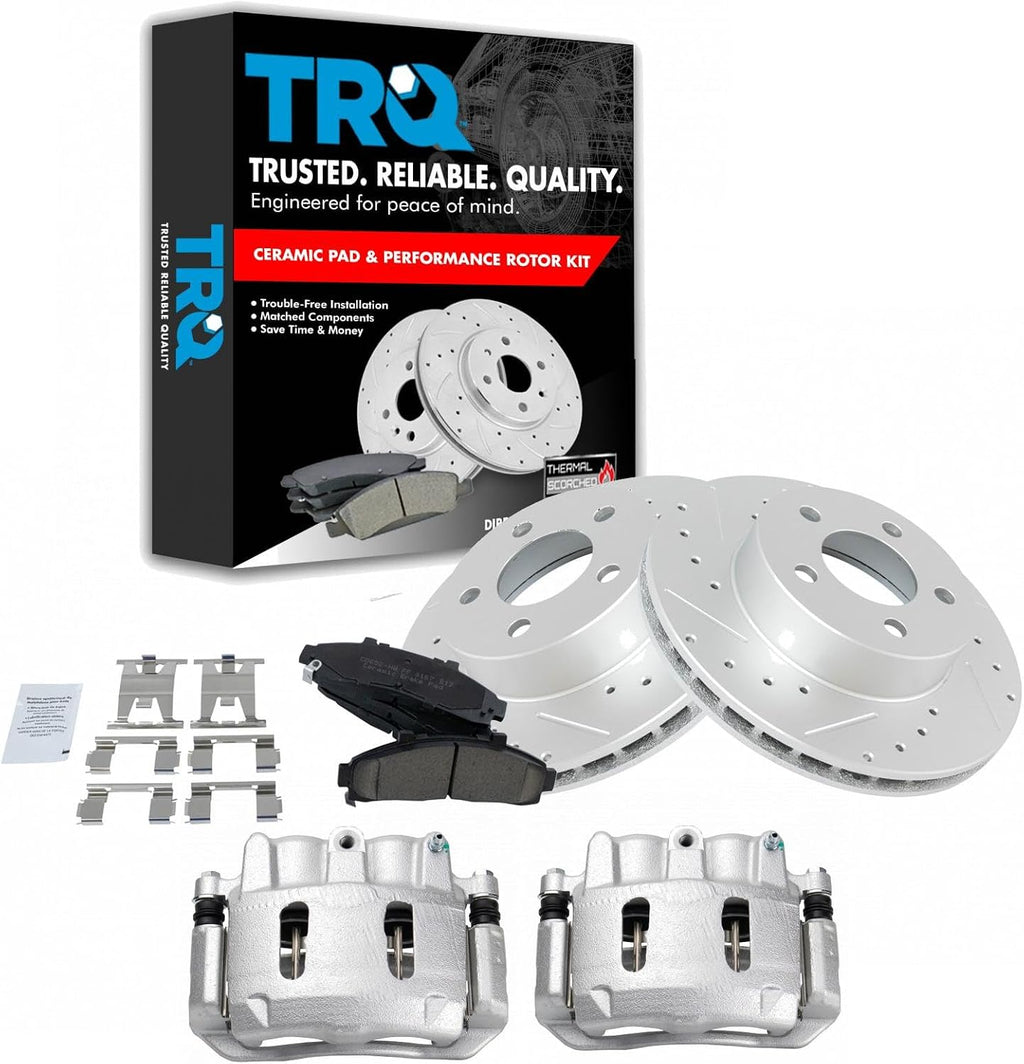 TRQ Performance Front Brake Pad and Rotor Set Ceramic Drilled Slotted Coated Vented Rotors Calipers Compatible with 95-01 Ford Explorer 98-02 Ranger 98-02 Mazda B4000 98-01 Mercury Mountaineer