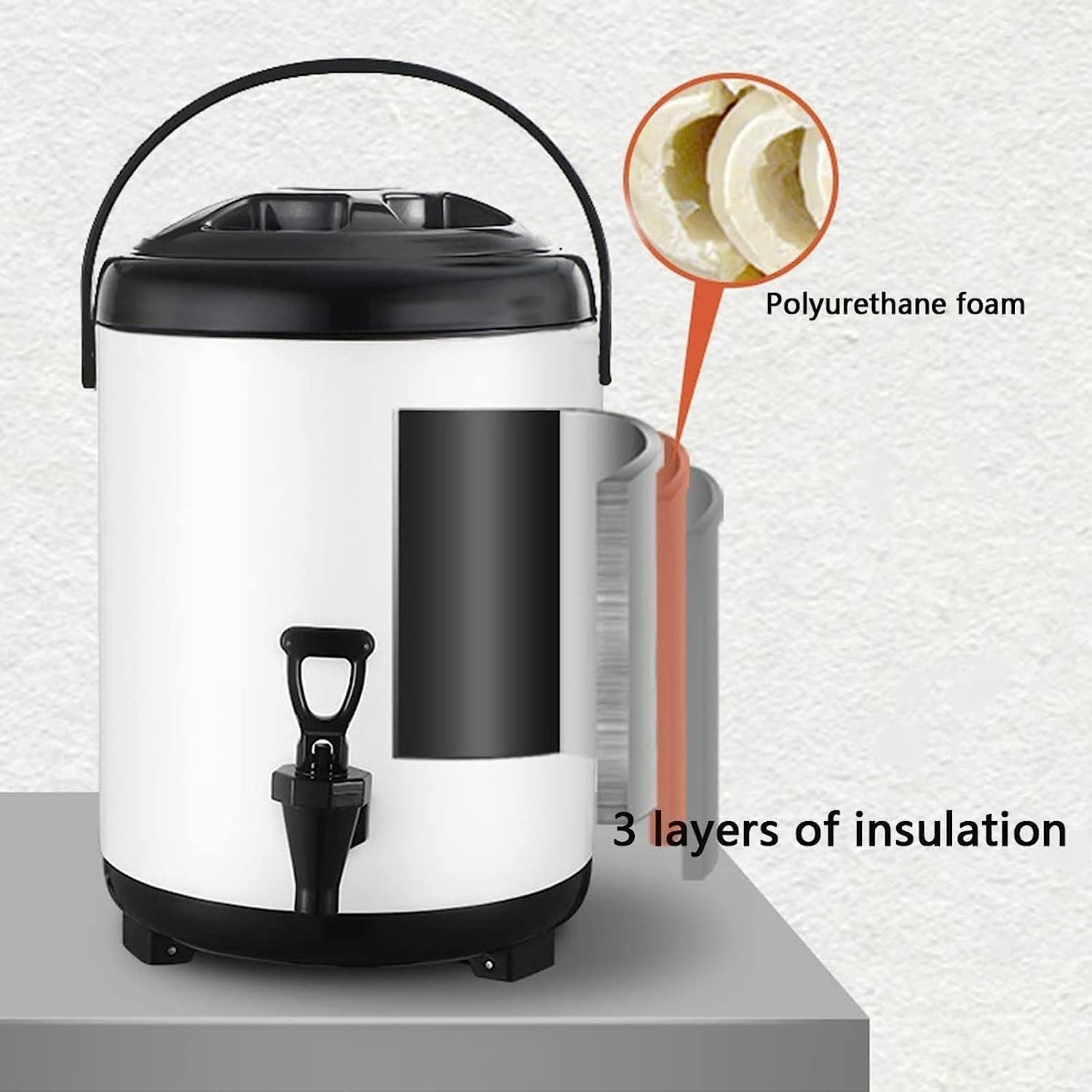 Urn Boiler Hot and Cold Water Dispenser Stainless Steel Tea Hot Water Bottle with Faucet Portable Handle Large Capacity Sealing for Catering Office Hotels Party (Color : White, Size : 10L)