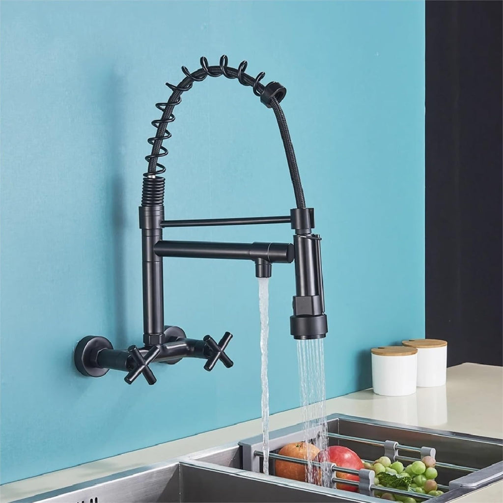 Wall Mounted Kitchen Faucet Hot Cold Water Mixer Tap Pull Down Spray 360 Rotation Kitchen Mixer Taps(Matte Black)