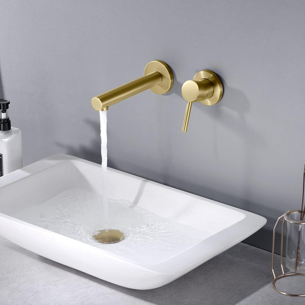 SUMERAIN Brushed Gold Bathroom Faucet Brass Wall Mount Faucet Single Handle with Rough in Valve