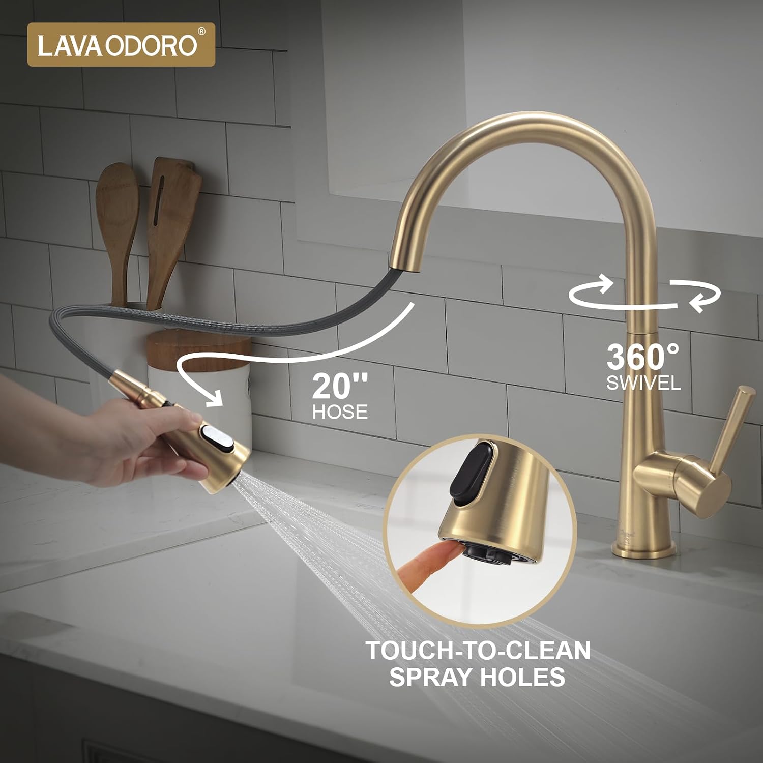 Lava Odoro Champagne Gold Kitchen Faucet with Pull Down Sprayer, Kitchen Sink Faucets, Single Hole Sink Faucet with 3-Function Magnetic Sprayer Deck Plate, Champagne Gold, KF321-CB
