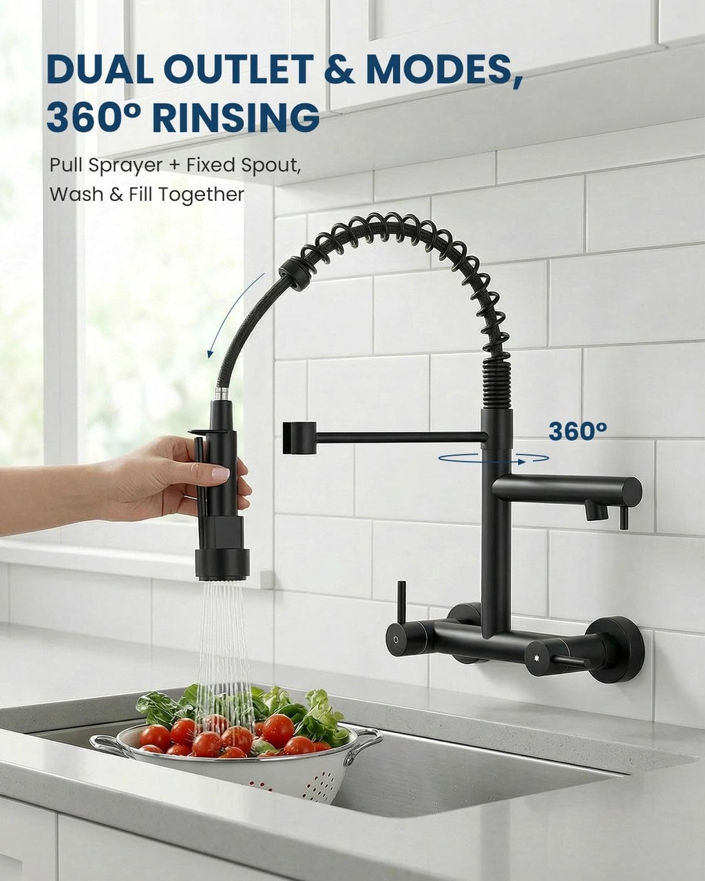 Wall Mount Kitchen Faucet with Pull Down Sprayer, 8 Inch Center Commercial Matte Black Kitchen Sink Faucet, 304 Stainless Steel 2 Handle Sink Faucet for Kitchen