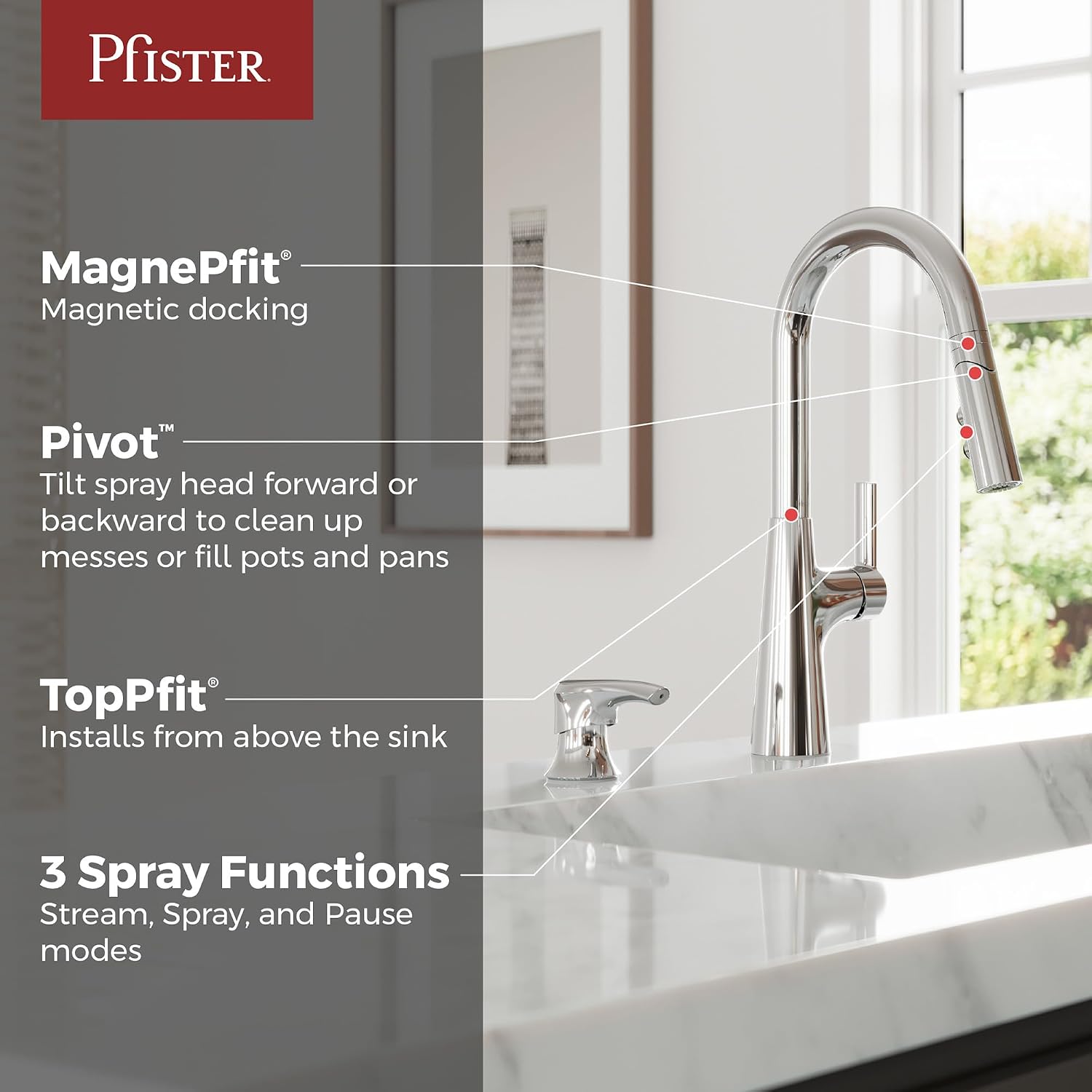 Pfister Tasso Kitchen Faucet with Pull Down Sprayer and Soap Dispenser, Single Handle, High Arc, NSF Certified, Polished Chrome Finish, F5297TSOC