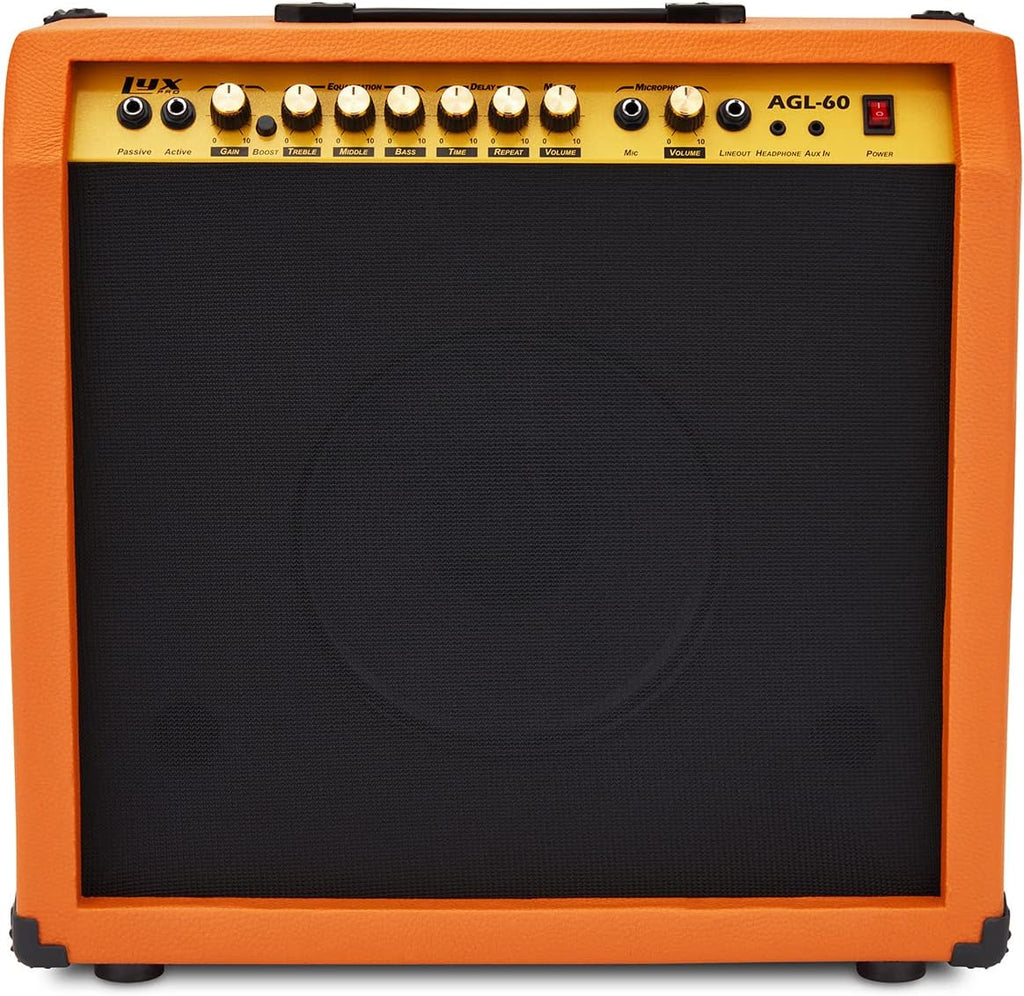 LyxPro 60 Watt Electric Guitar Amplifier, Combo Solid State Studio & Stage Amp with 10' 4-Ohm Speaker, Custom EQ Controls, Drive, Delay, ¼' Passive/Active/Mic Inputs, Aux In & Headphone Jack-Mahogany