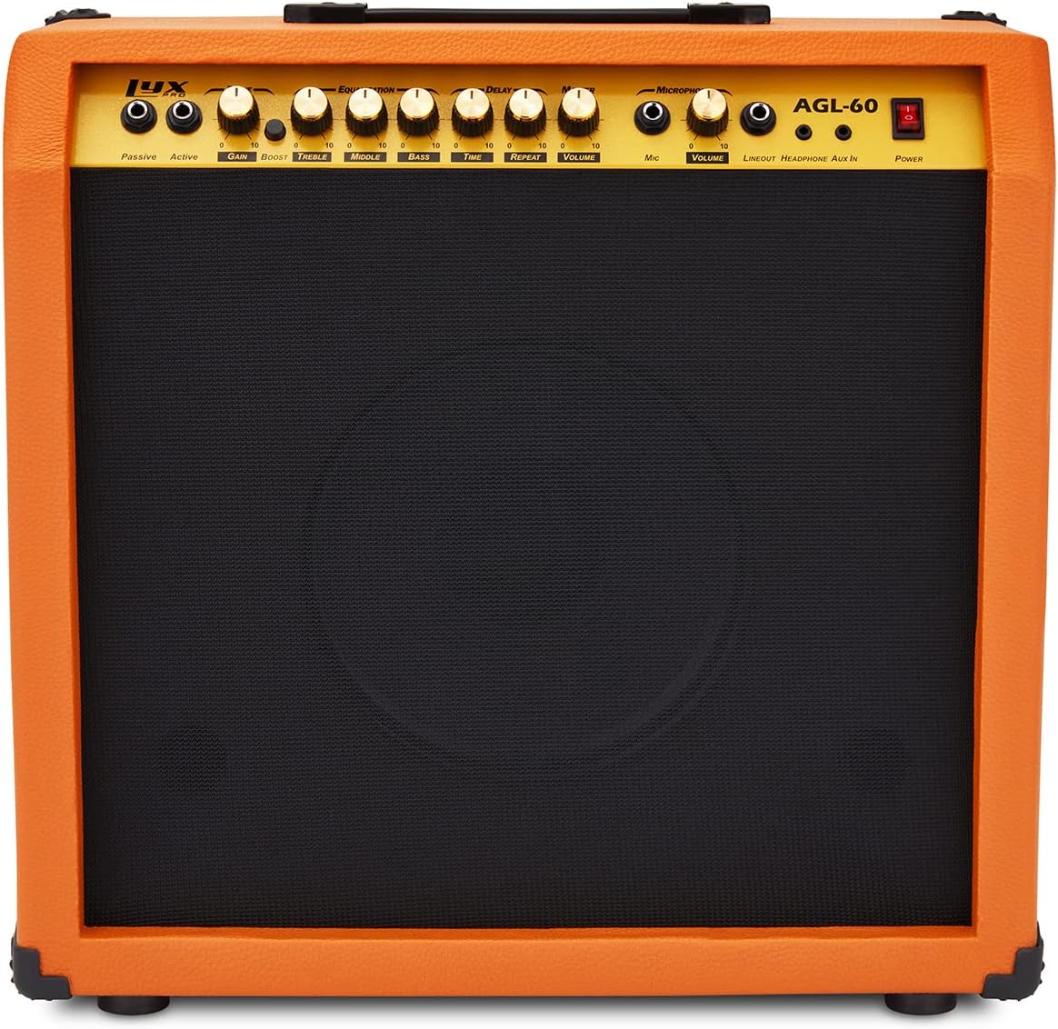 LyxPro 60 Watt Electric Guitar Amplifier, Combo Solid State Studio & Stage Amp with 10' 4-Ohm Speaker, Custom EQ Controls, Drive, Delay, ¼' Passive/Active/Mic Inputs, Aux In & Headphone Jack-Mahogany
