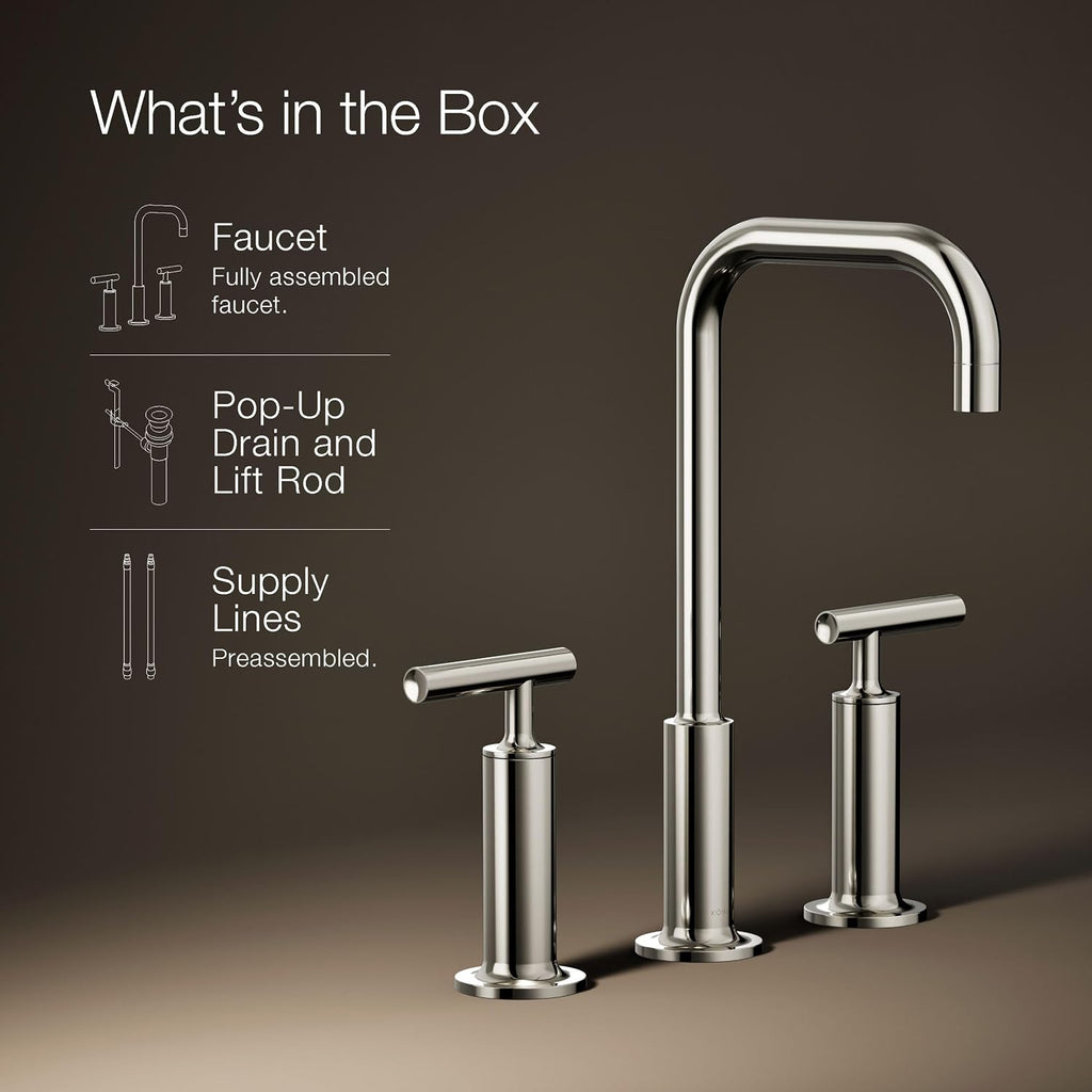 KOHLER K-14408-4-SN Purist® Widespread Bathroom Sink Faucet, 3-Hole, Widespread High Lever Handles and High Gooseneck Spout, 1.2 GPM, Vibrant Polished Nickel