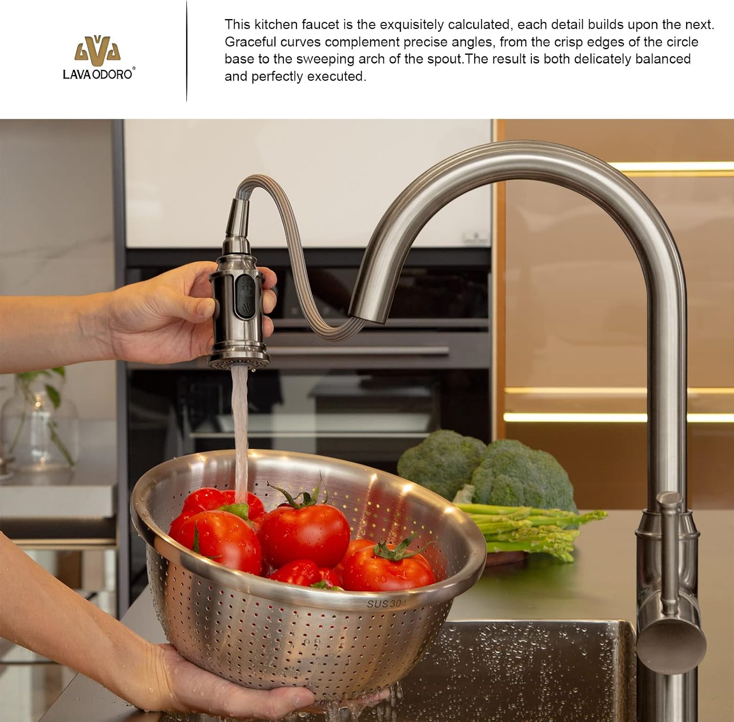 Lava Odoro Curtura Brushed Nickel Kitchen Faucet with Pull Down Sprayer, Brass Kitchen Sink Faucet Single Handle Pull-Down Kitchen Faucet for Sink 1 Hole and 3 Hole, Deck Plate Included, KF421-BN