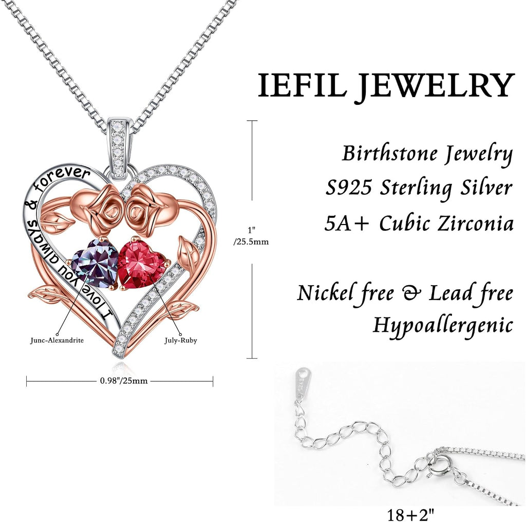 Iefil Rose Heart Double Birthstone Necklace Gifts for Wife Girlfriend Her Women, Birthstone Jewelry Gemstone Birthday Gifts for Mom Grandma Her Wife Women