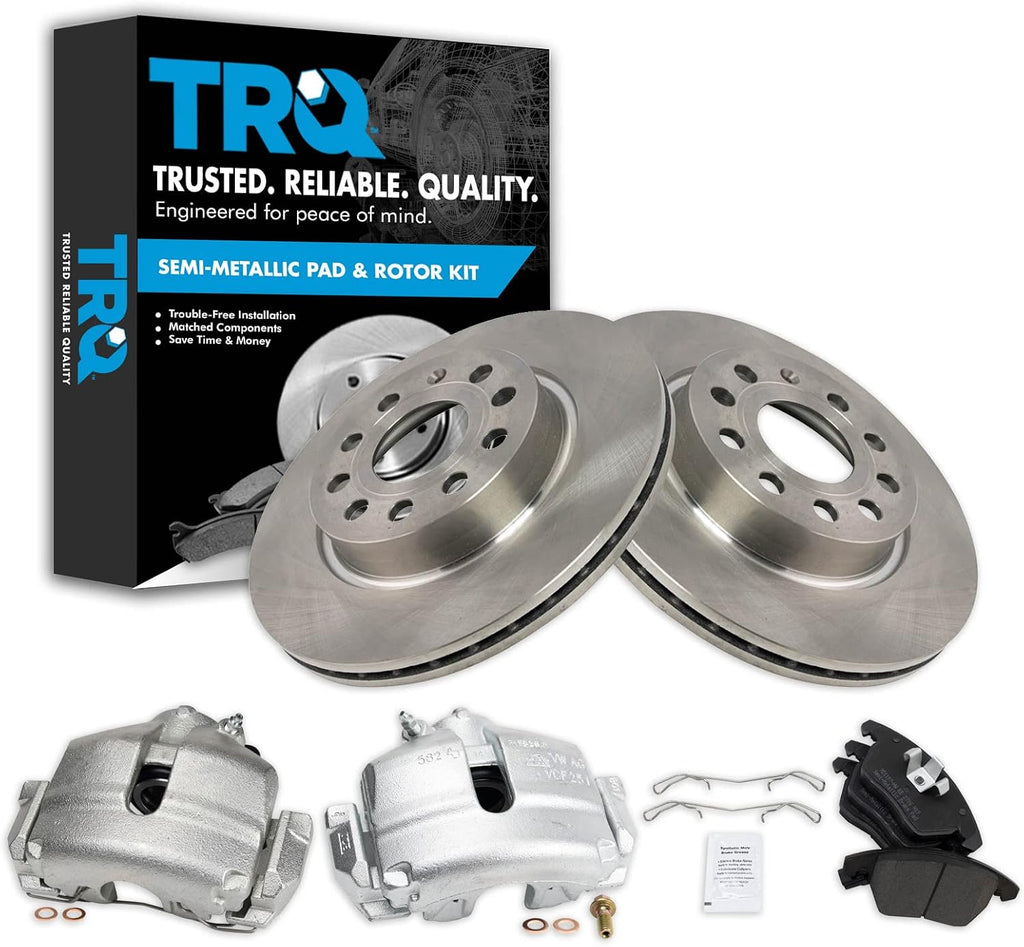 TRQ Front Brake Pad and Rotor Set Semi Metallic Calipers Compatible with 2013 Volkswagen GTI 2011 Jetta
