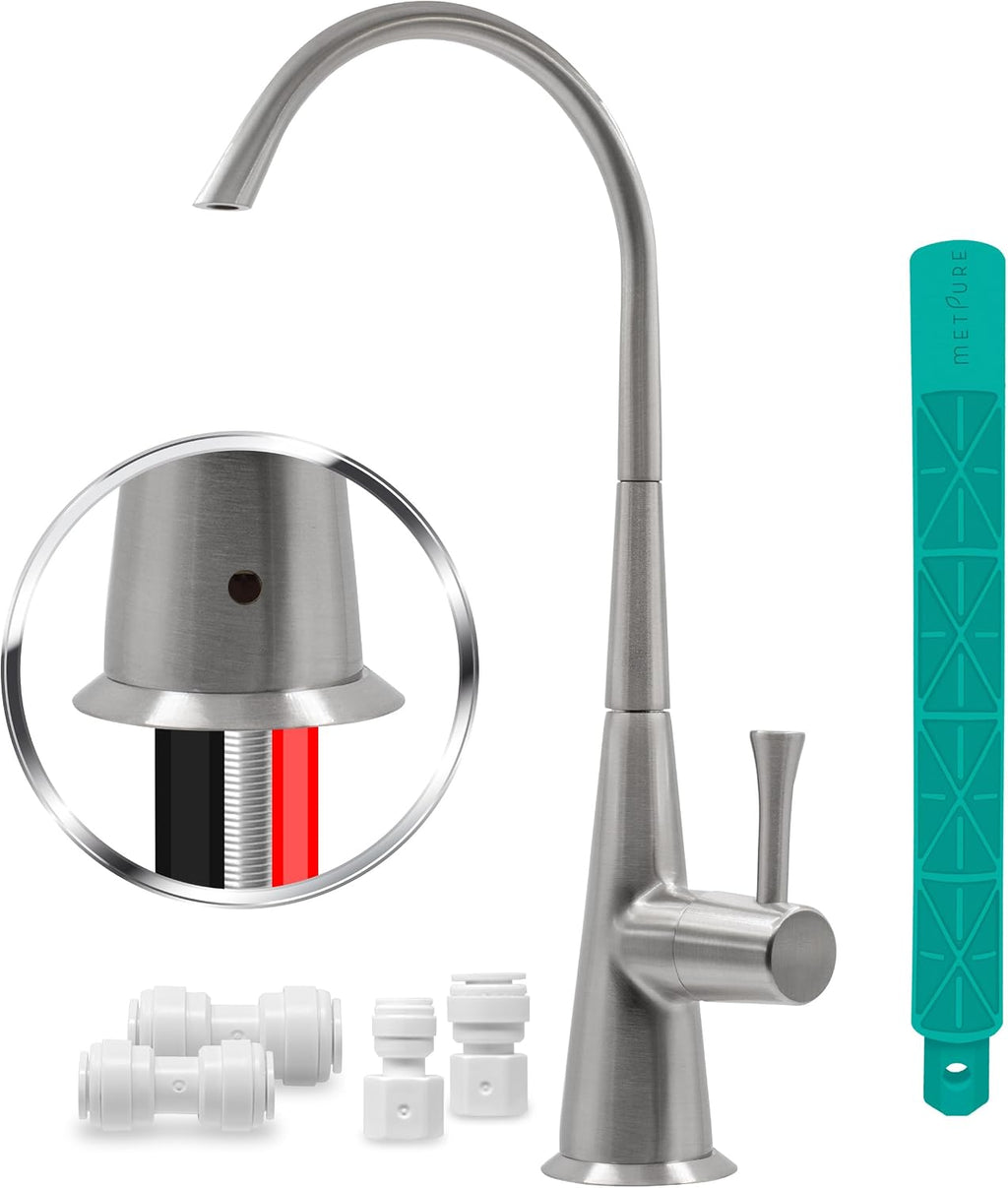 Metpure Airgap 3-Port Brass RO Faucet for Reverse Osmosis Drinking Water Systems. Features Pre-Installed Drain Tubes, Contemporary Design. Includes Wrench and Adapters. (Brushed Nickel)