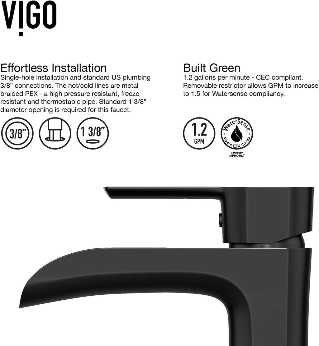 VIGO Niko Waterfall Single-Handle Single-Hole Mount Vessel Bathroom Sink Faucet, 11-Inch, Matte Black, Modern Design, Solid Brass, 1.2 GPM WaterSense & Ceramic Disc Valve - VG03024MB