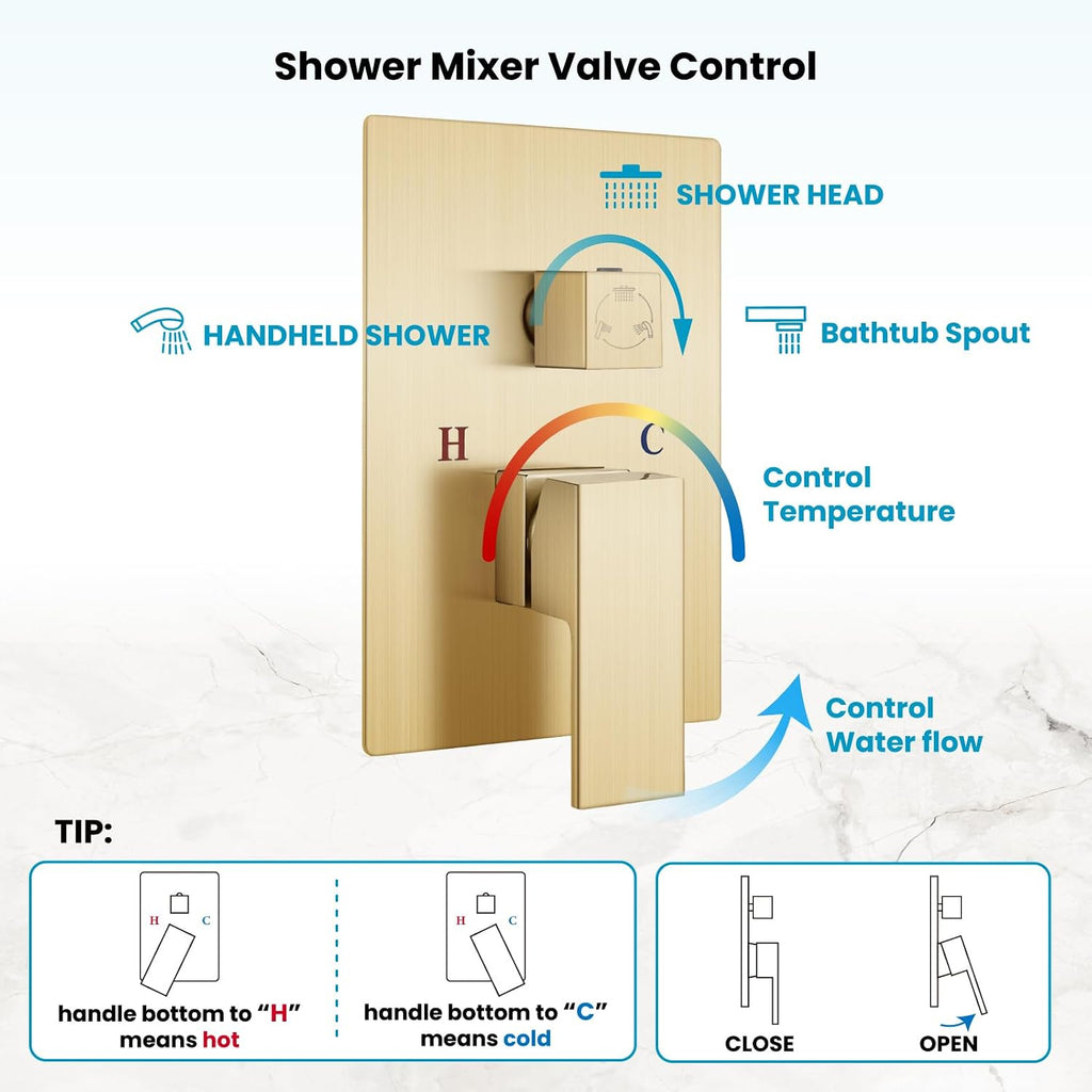 gotonovo 10'' Rain Shower Faucet System Rainfall Shower Head with Handheld Sprayer Waterfall Tub Spout Wall Mounted Mixer Combo Rough-in Valve and Trim Included 7.9 Inch Wide Spout Brushed Gold