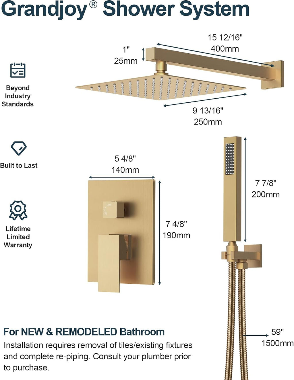 10 Inch Shower Faucet Set, High Pressure Rainfall Shower Head and Handheld Sprayer Combo, Brushed Gold
