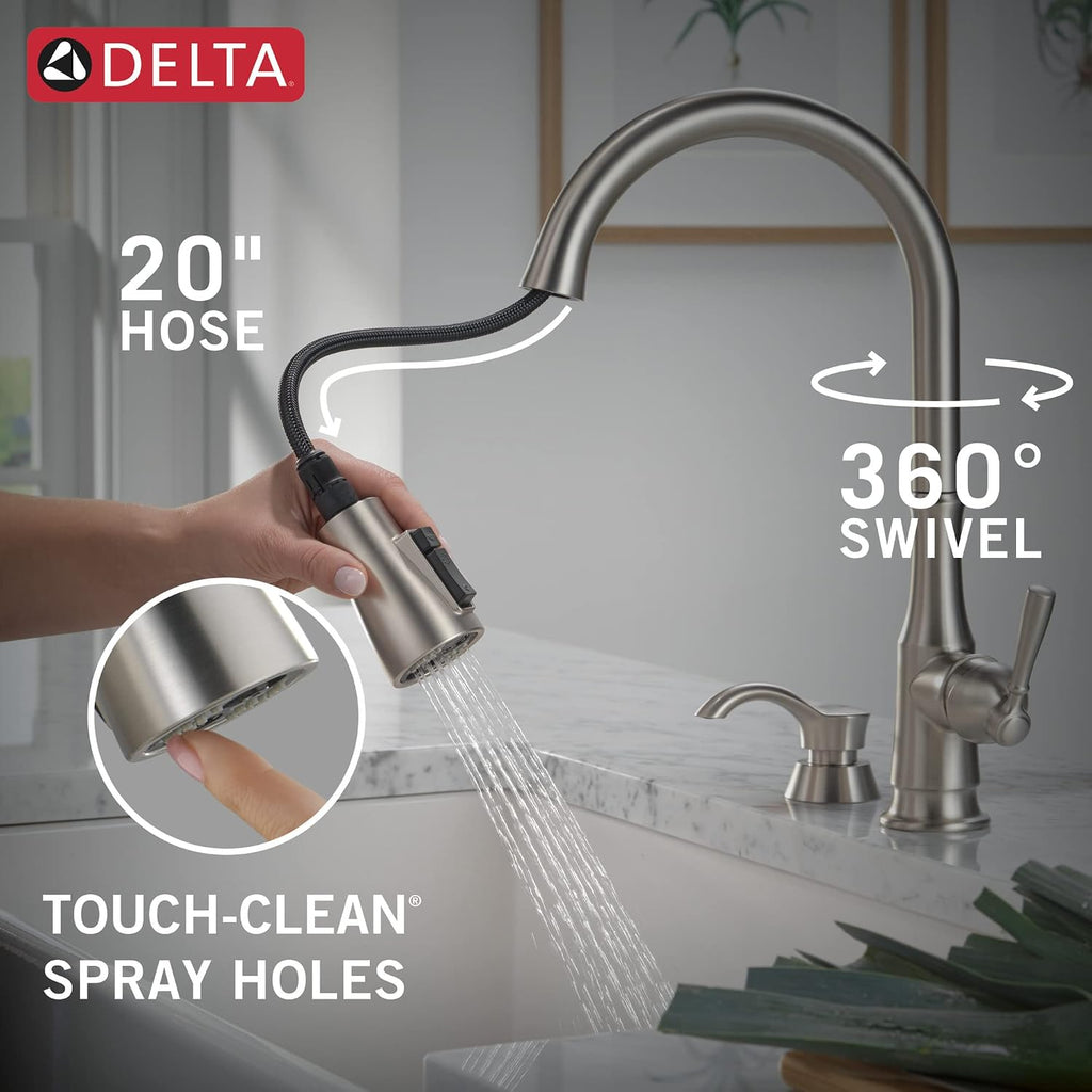 Delta Capertee Brushed Nickel Kitchen Faucet with Pull Down Sprayer and Soap Dispenser, Modern Single Hole Kitchen Sink Faucet, Single Handle, Spotshield Stainless 19877Z-SPSD-DST