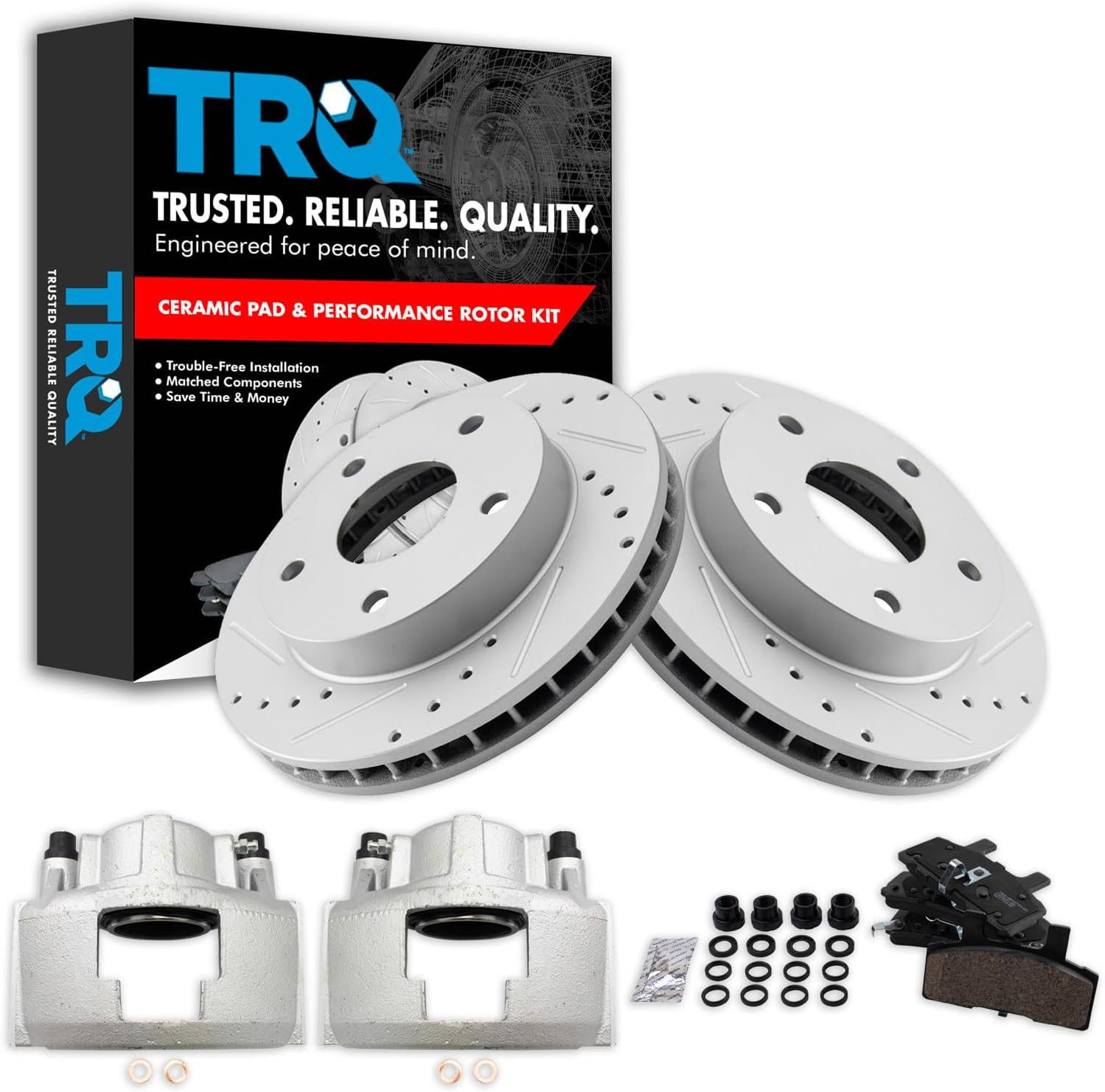 TRQ Performance Front Brake Pad and Rotor Set Ceramic Vented Coated Rotors Calipers Compatible with 1994-1999 Dodge Ram 1500
