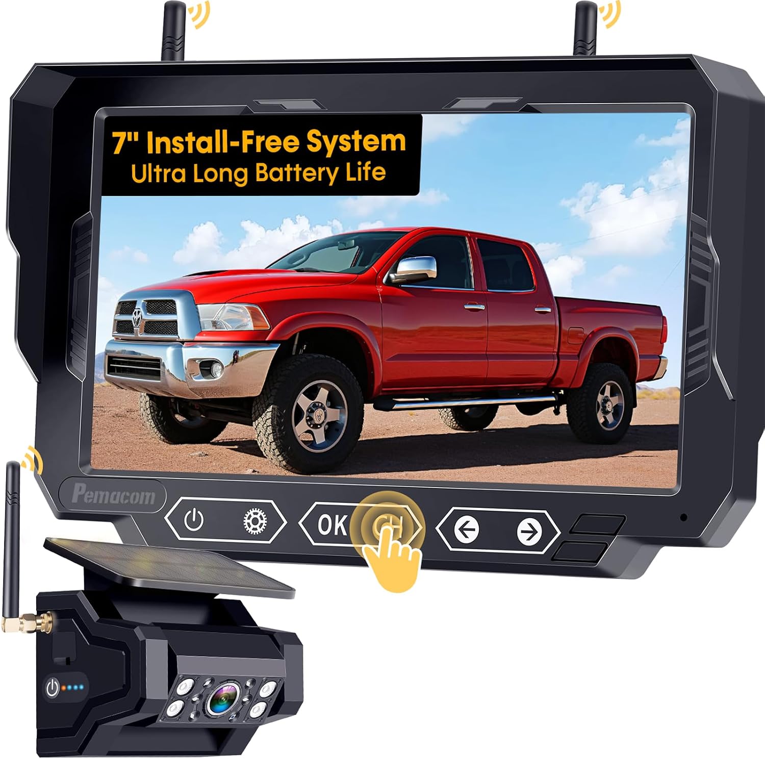 1080P HD Wireless Backup Camera: 1-Min Magnetic Easy Install No Wiring 7' Anti-Glare Monitor with Clear Night Vision - 24H Long Life Solar Scratch-Proof Rear View Camera for Truck Trailer SUV Small RV