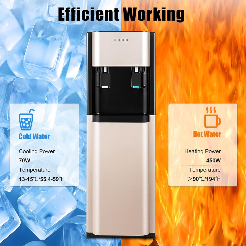 Bottom Loading Water Dispenser for 5 Gallon Bottles, Freestanding Water Cooler Hot & Cold, Stainless Steel Water Dispenser for Home & Office, Gold