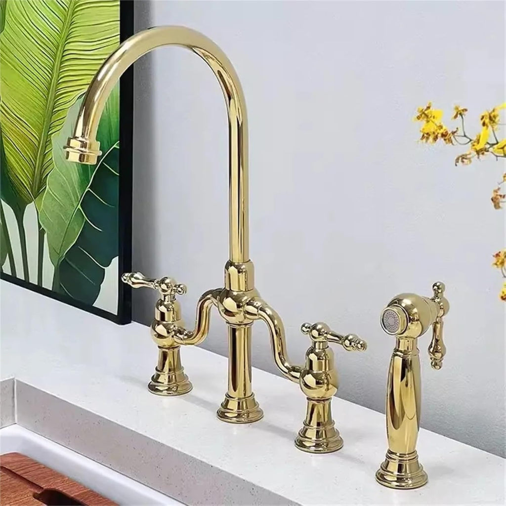 Pull Out Kitchen Faucet Classic Deck Mounted Hot Cold Sink Tap Rotation Spout Faucet(Gold)