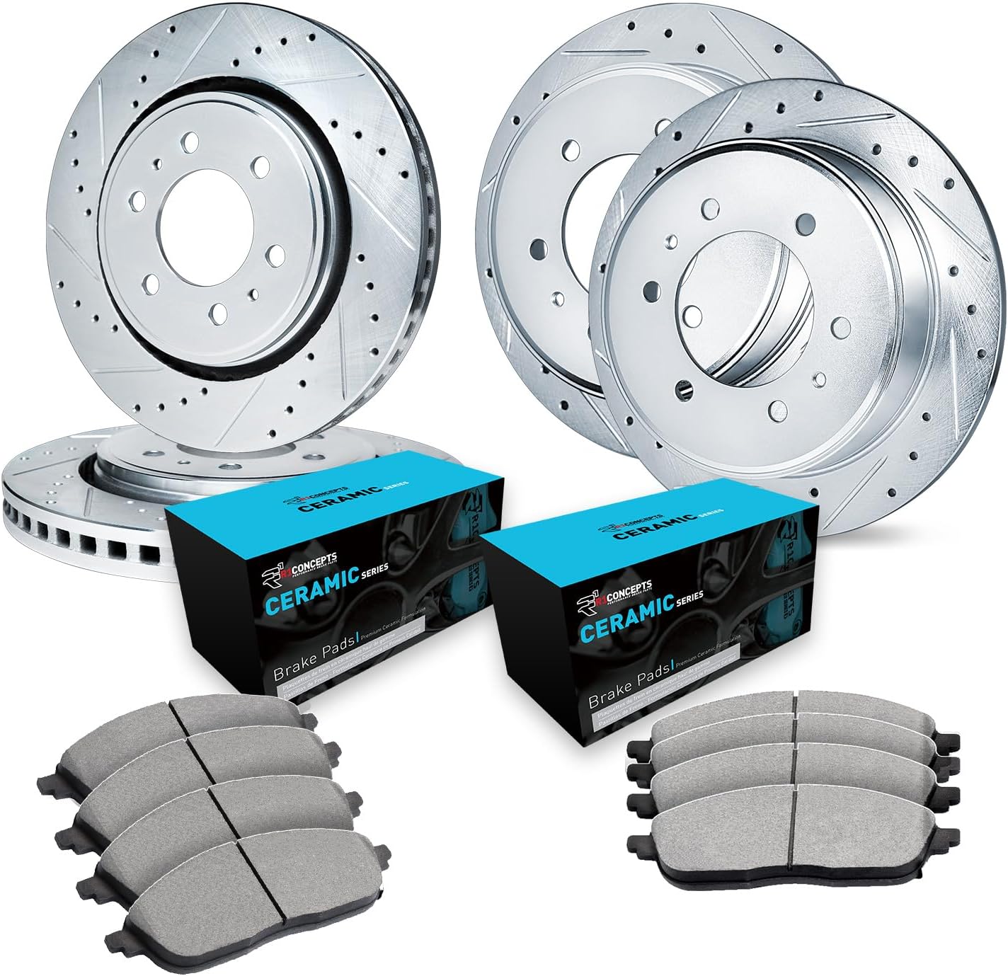 R1 Concepts Front and Rear Brake Kit| Ceramic Brake Pads and Drilled Slotted Brake Rotors| WGWN2-67069 | 13.8' Front & 12.6' Rear