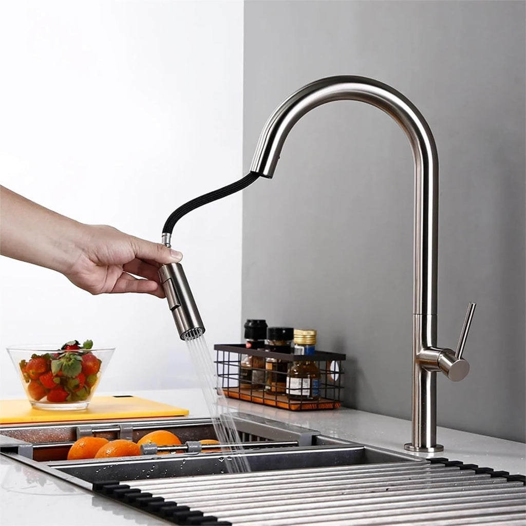 Kitchen Mixer Sink Tap Hot Cold Water 360 Degree Rotation Pull Out Brass Faucet(Stainless Steel)