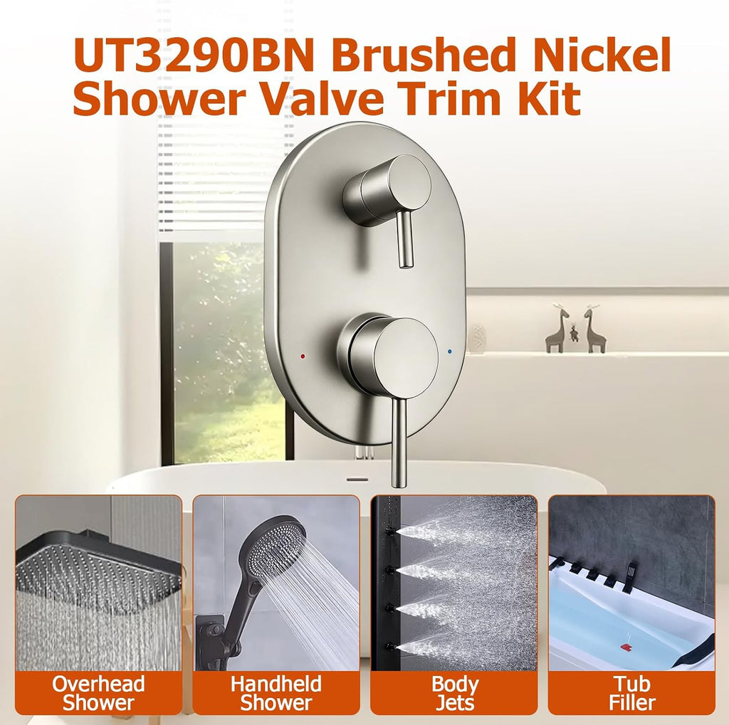 UT3290BN Brushed Nickel Shower Valve Trim Kit Compatible with Moen Align M-CORE 3-Series 2-Handle Shower Faucet Trim Includes 1213 Cartridge for Moen U232 U362 M-CORE Mixing Valve, Valve Require