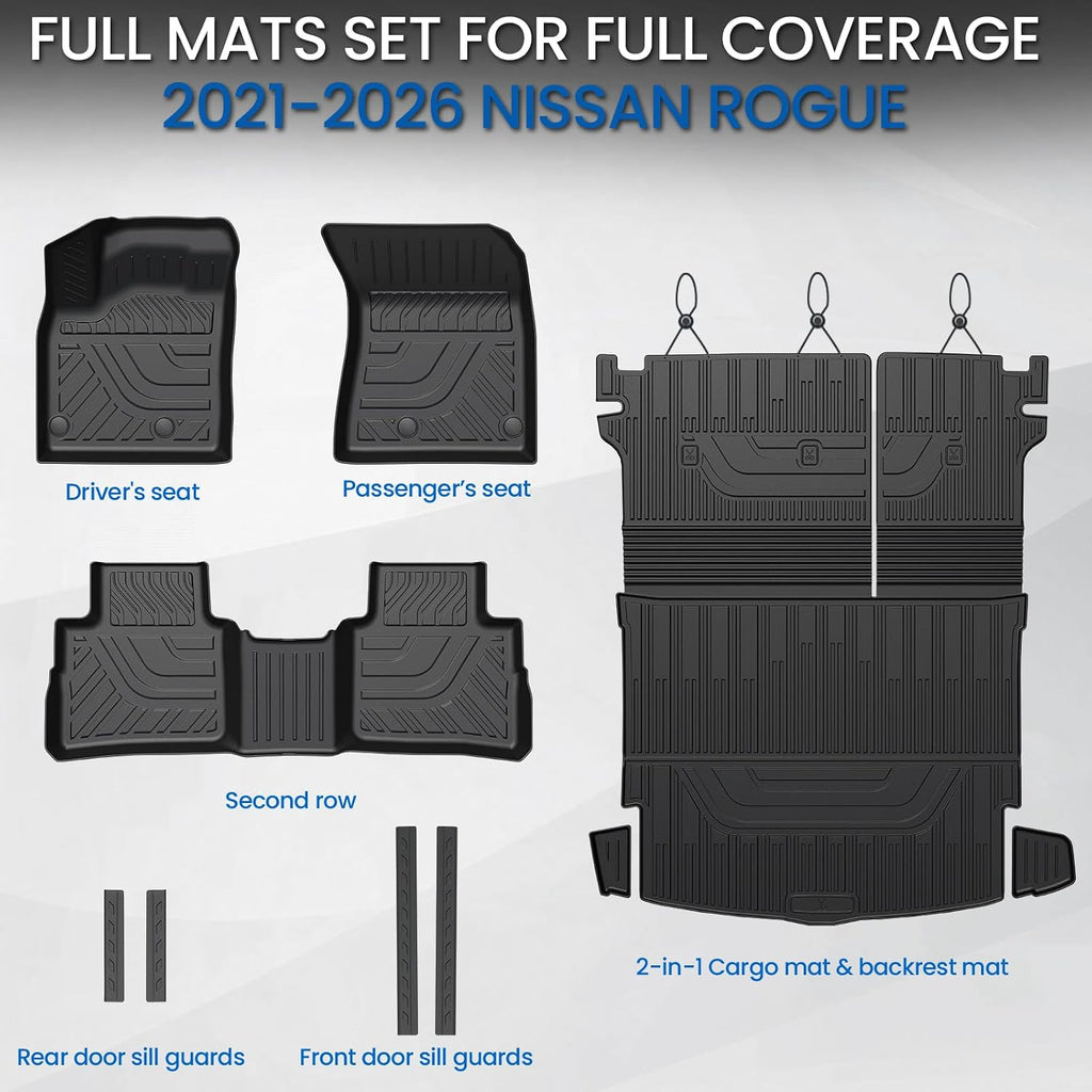 Floor Mats Set for Nissan Rogue 2021-2025 2026 (Not fit Sport), All Weather TPE Backrest Mat Trunk Mat Cargo Liner Door Sill Guards Accessories(for Nissan Rogue | 2021-2026)