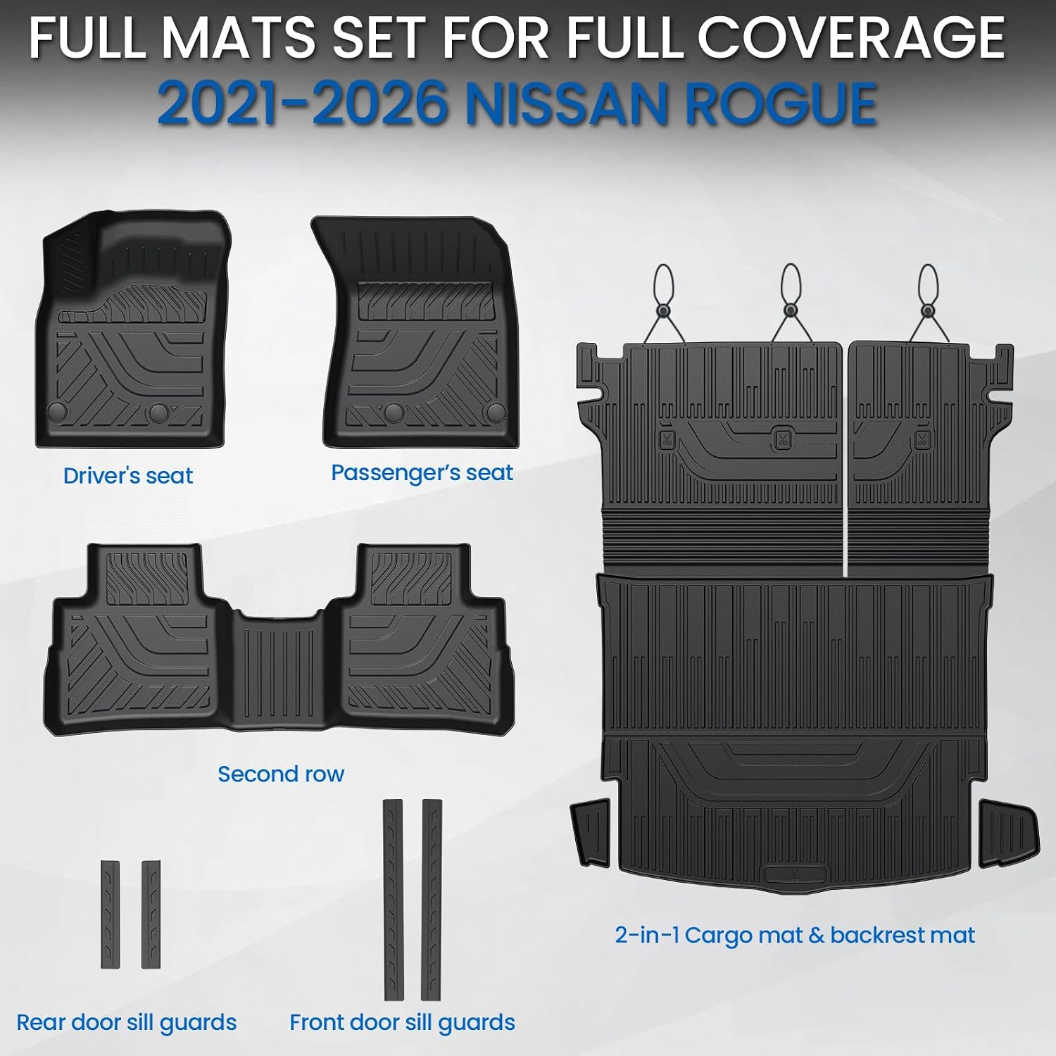 Floor Mats Set for Nissan Rogue 2021-2025 2026 (Not fit Sport), All Weather TPE Backrest Mat Trunk Mat Cargo Liner Door Sill Guards Accessories(for Nissan Rogue | 2021-2026)