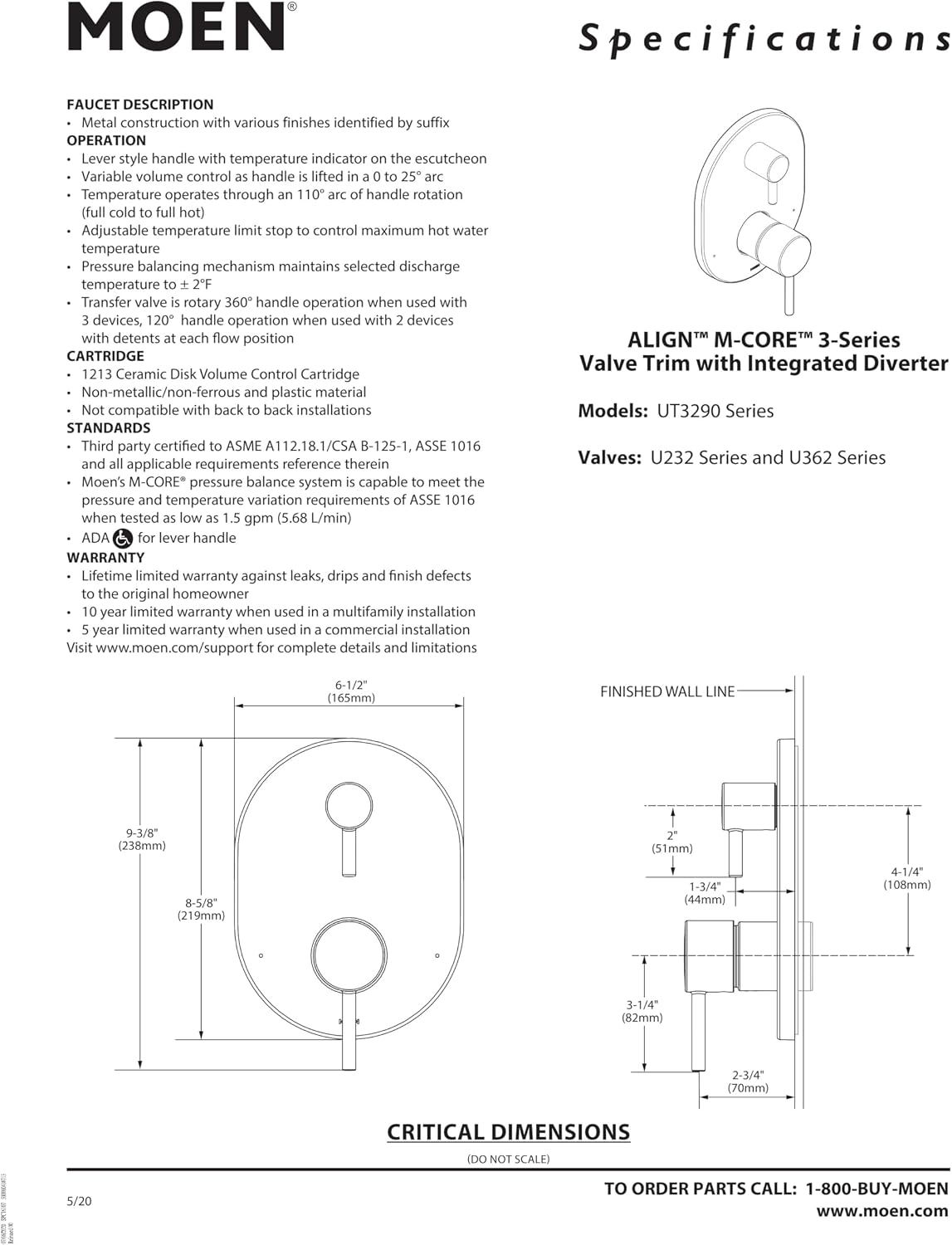Moen Align Chrome M-CORE 3-Series 2-Handle Shower Trim with Integrated Transfer Valve, Valve Required, UT3290
