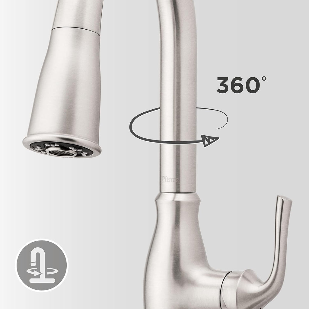 Pfister Rosslyn Kitchen Faucet with Pull Down Sprayer and Soap Dispenser, Single Handle, High Arc, NSF Certified, Spot Defense Stainless Steel Finish, F5297RSSRGS