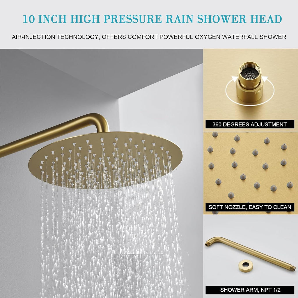 Brushed Gold Shower System with Rain Shower and Handheld, High Pressure 10 Inch Gold Shower Faucets Sets Complete with Brass Shower Valve and Trim Kit
