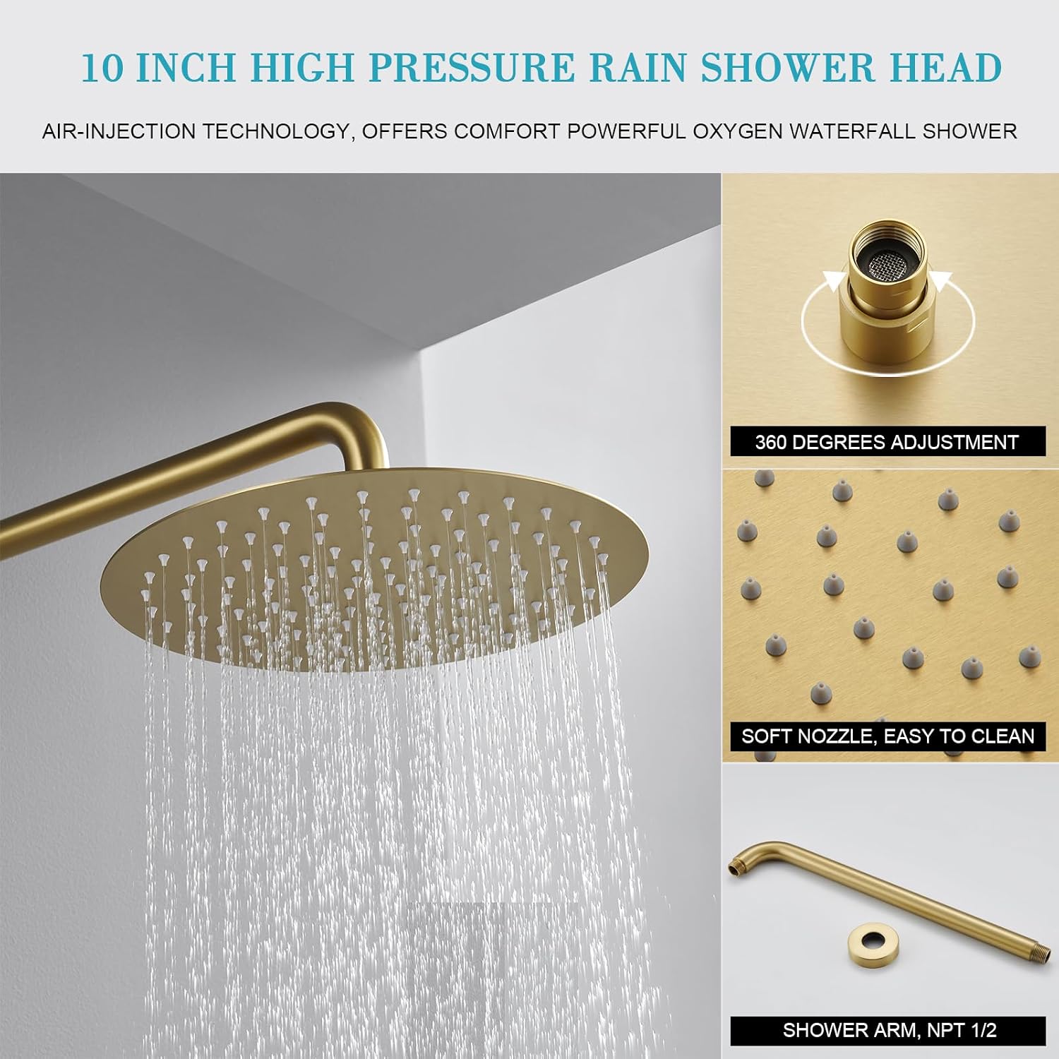 Brushed Gold Shower System with Rain Shower and Handheld, High Pressure 10 Inch Gold Shower Faucets Sets Complete with Brass Shower Valve and Trim Kit
