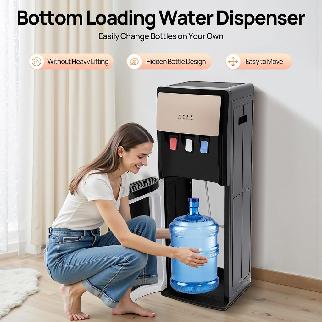Bottom Loading Water Dispenser with Hot, Cold & Room Temperature Water - 500W Heating & 90W Cooling - Safe, Energy-Saving & User-Friendly Design for Home, Office (Champaign Gold)