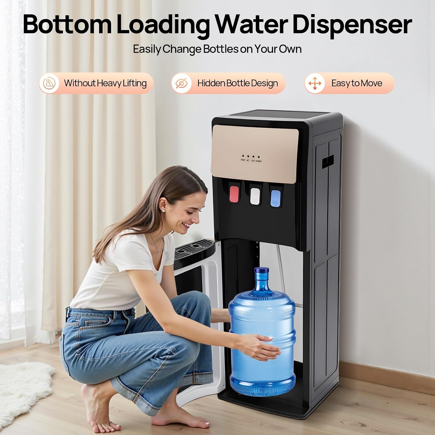 Bottom Loading Water Dispenser with Hot, Cold & Room Temperature Water - 500W Heating & 90W Cooling - Safe, Energy-Saving & User-Friendly Design for Home, Office (Champaign Gold)