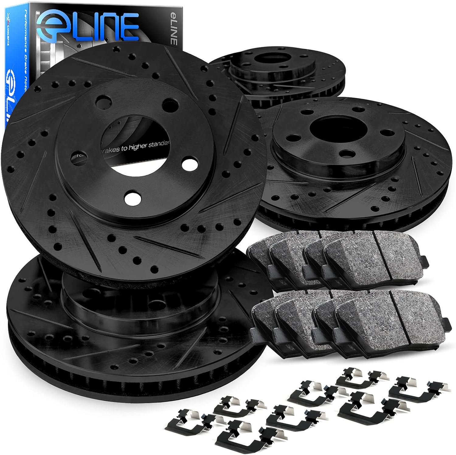 R1 Concepts Front and Rear Brake Kit Fits 2003-2011 Honda Element| Ceramic Pads, Drilled Slotted Rotors| Hardware| 11.1' Front & 11.1' Rear